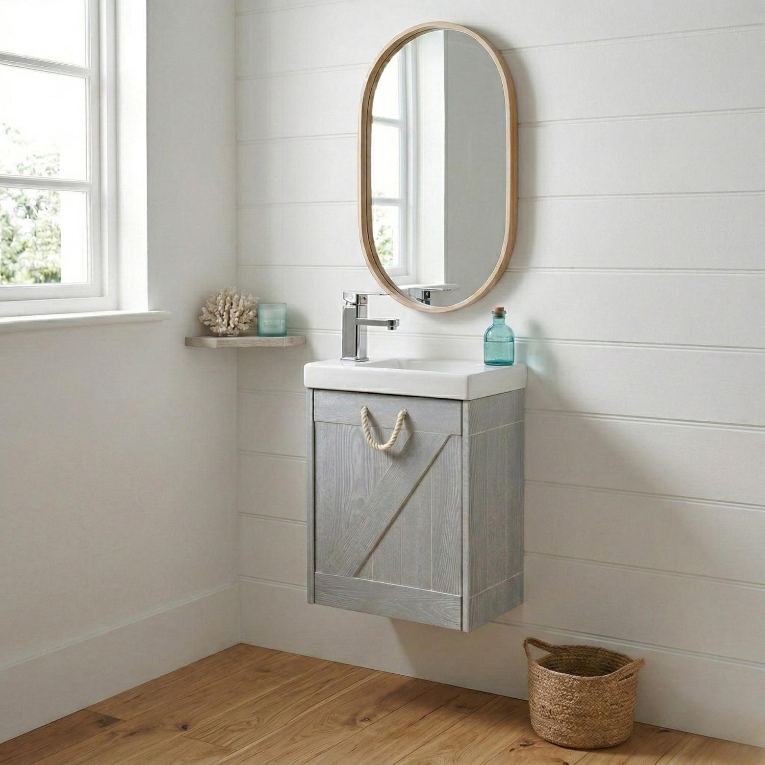 Meuble lave-mains gris bord de mer + robinet + miroir