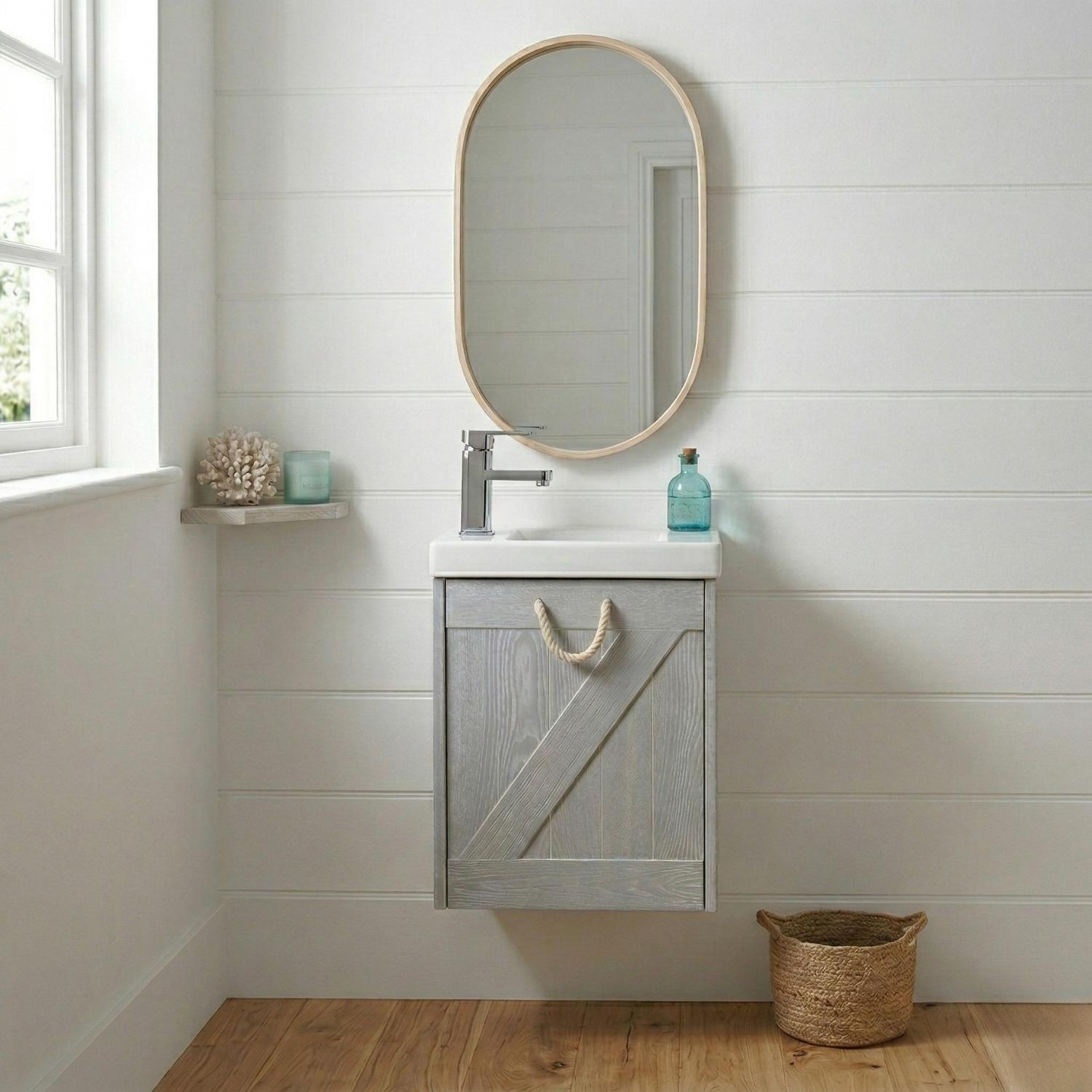 Meuble lave-mains gris bord de mer + miroir