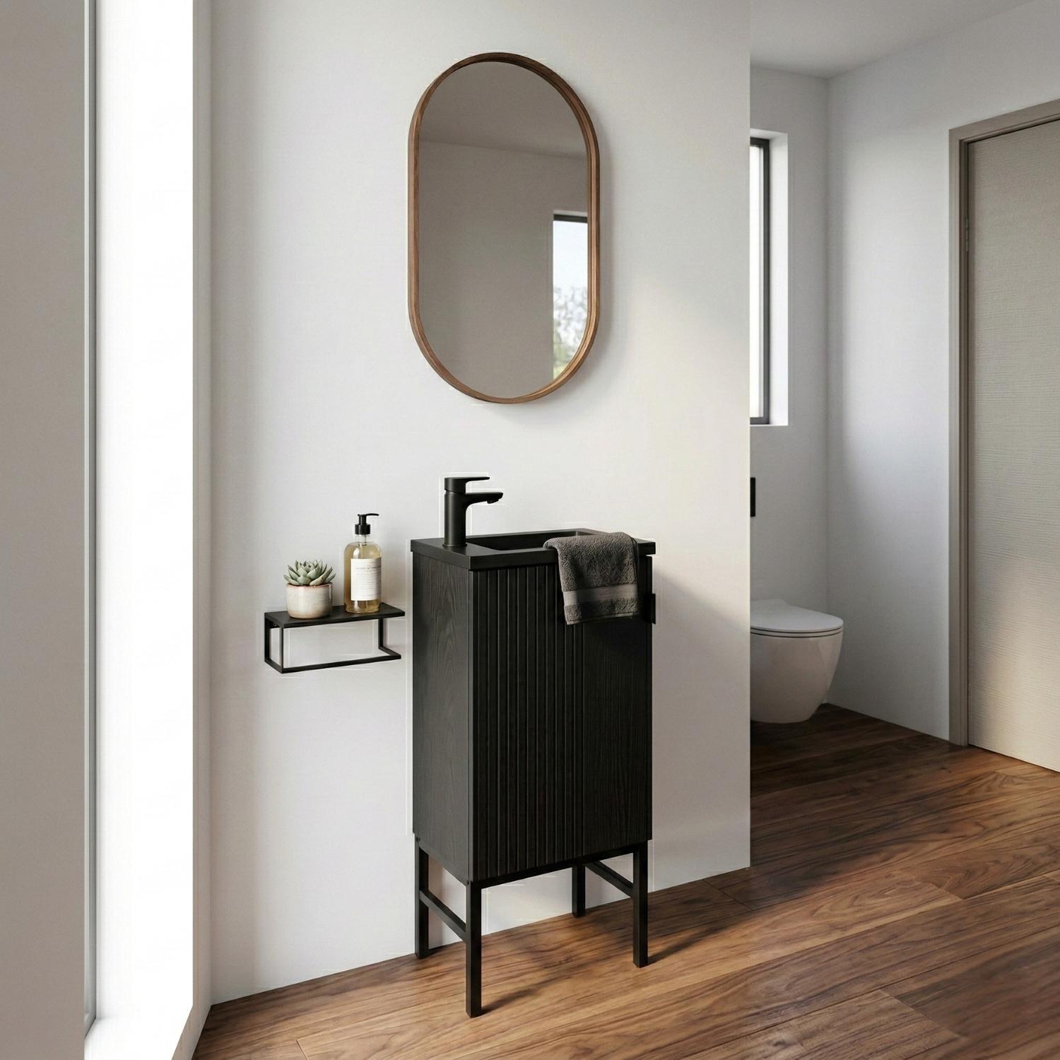 Ensemble meuble lave-mains chêne carbone + robinet + miroir