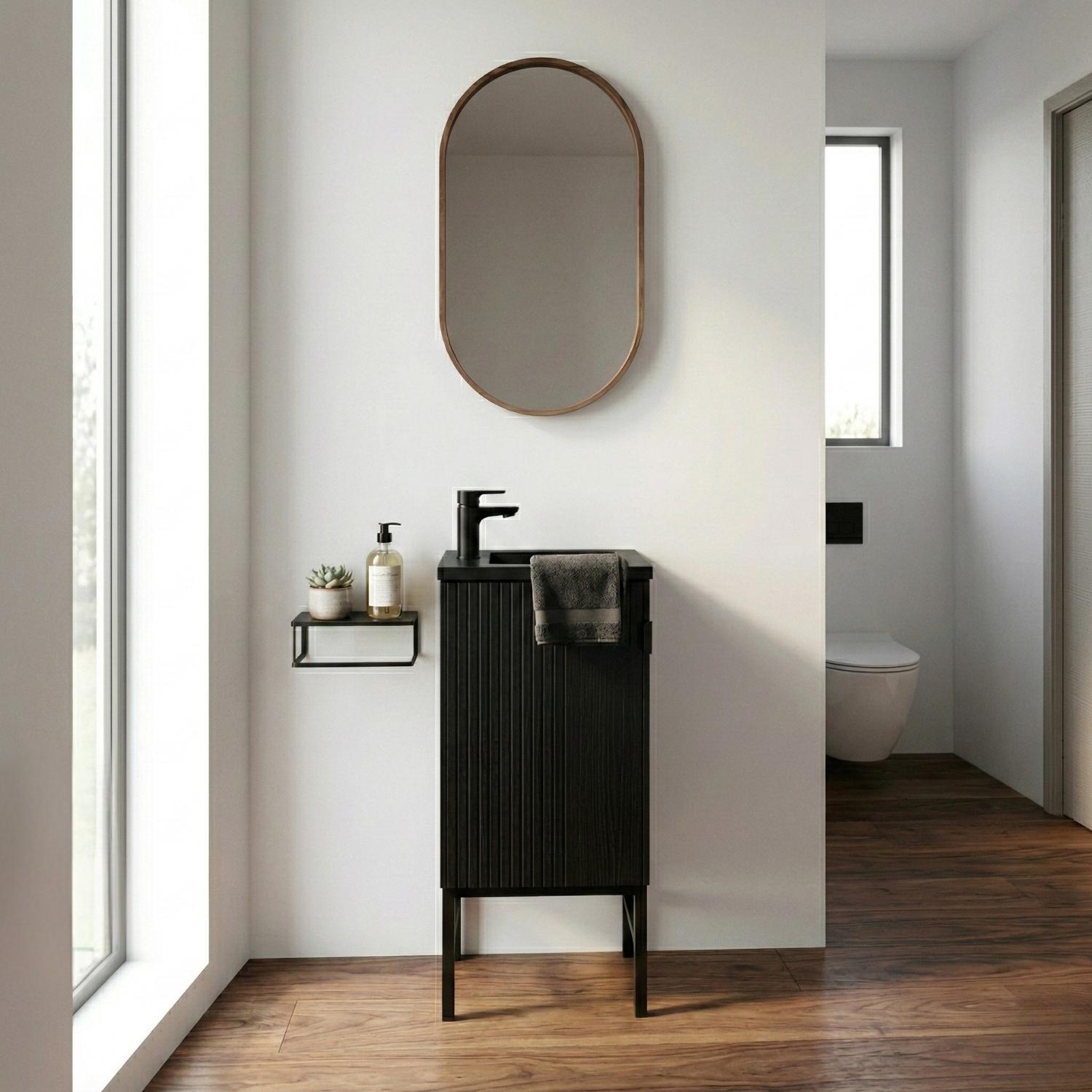 Ensemble meuble lave-mains décor chêne carbone + miroir