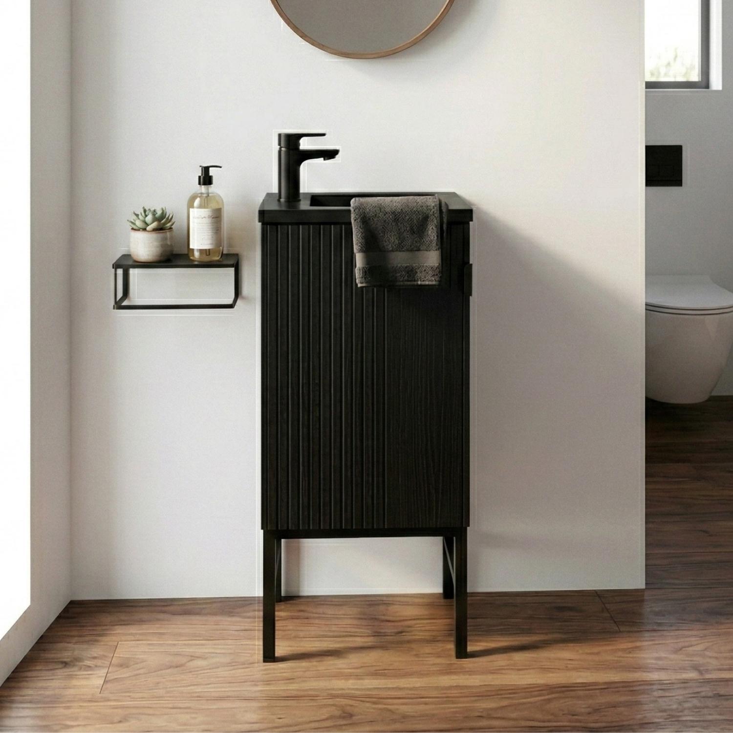 Ensemble meuble lave-mains chêne carbone + robinet