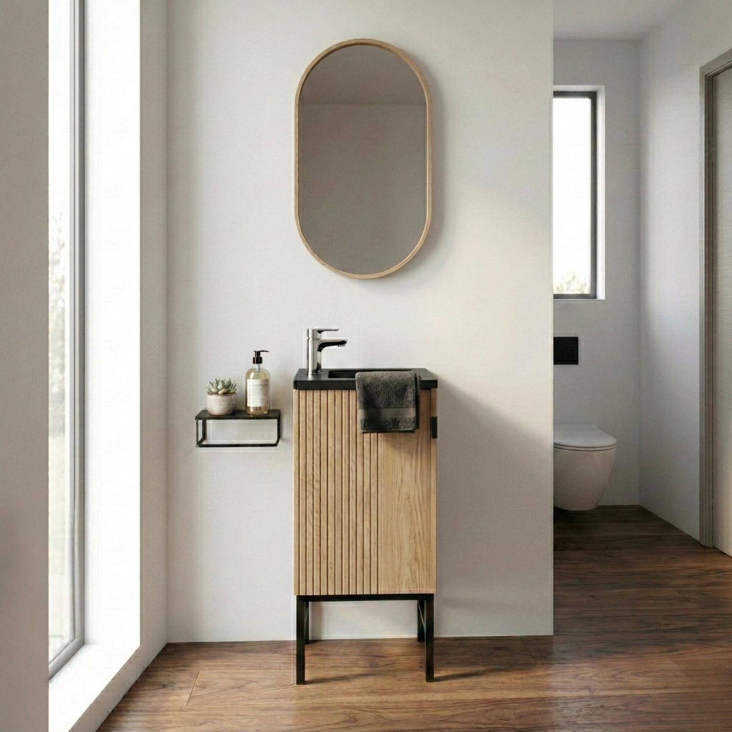 Ensemble meuble lave-mains sur pieds chêne + miroir