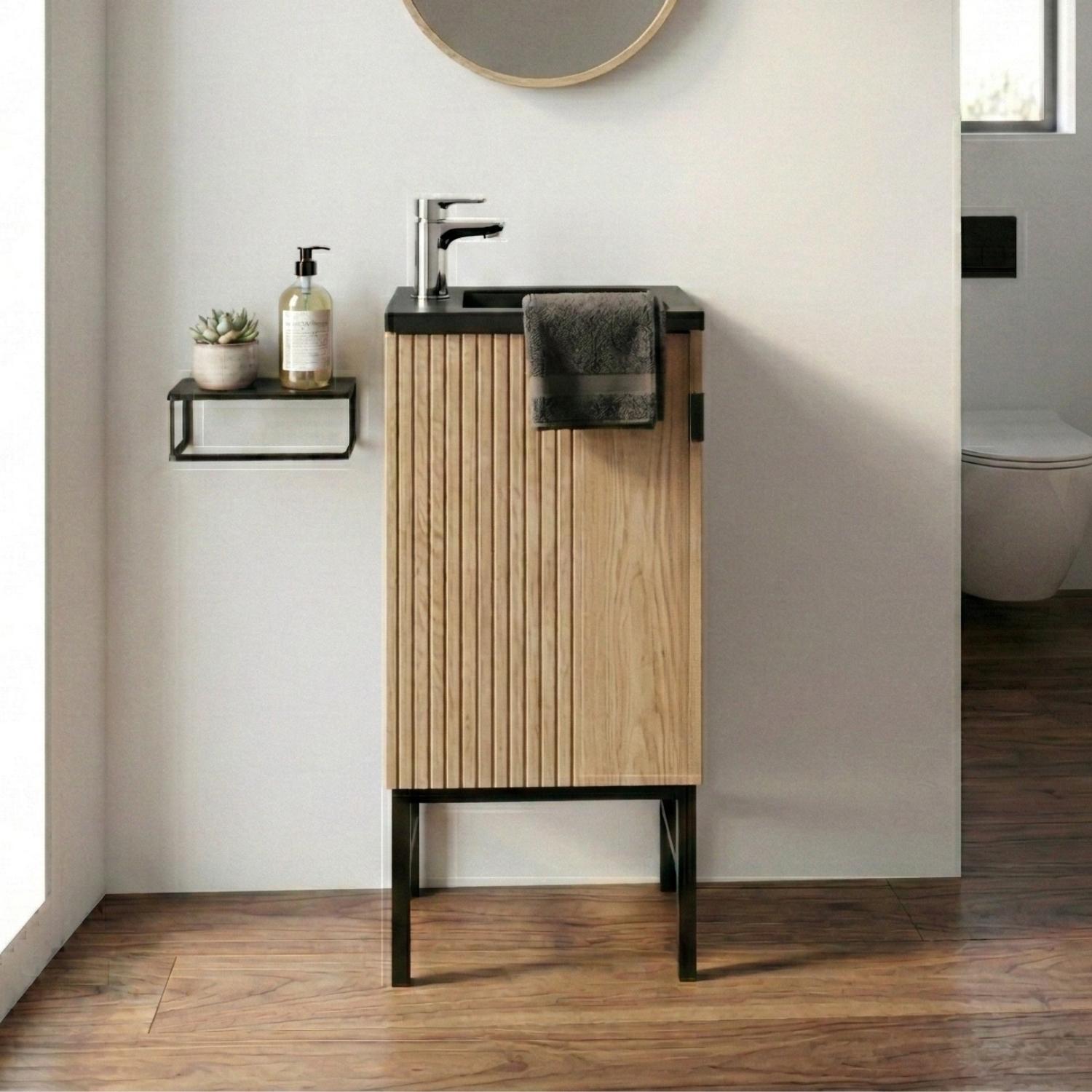 Ensemble meuble lave-mains sur pieds chêne + robinet