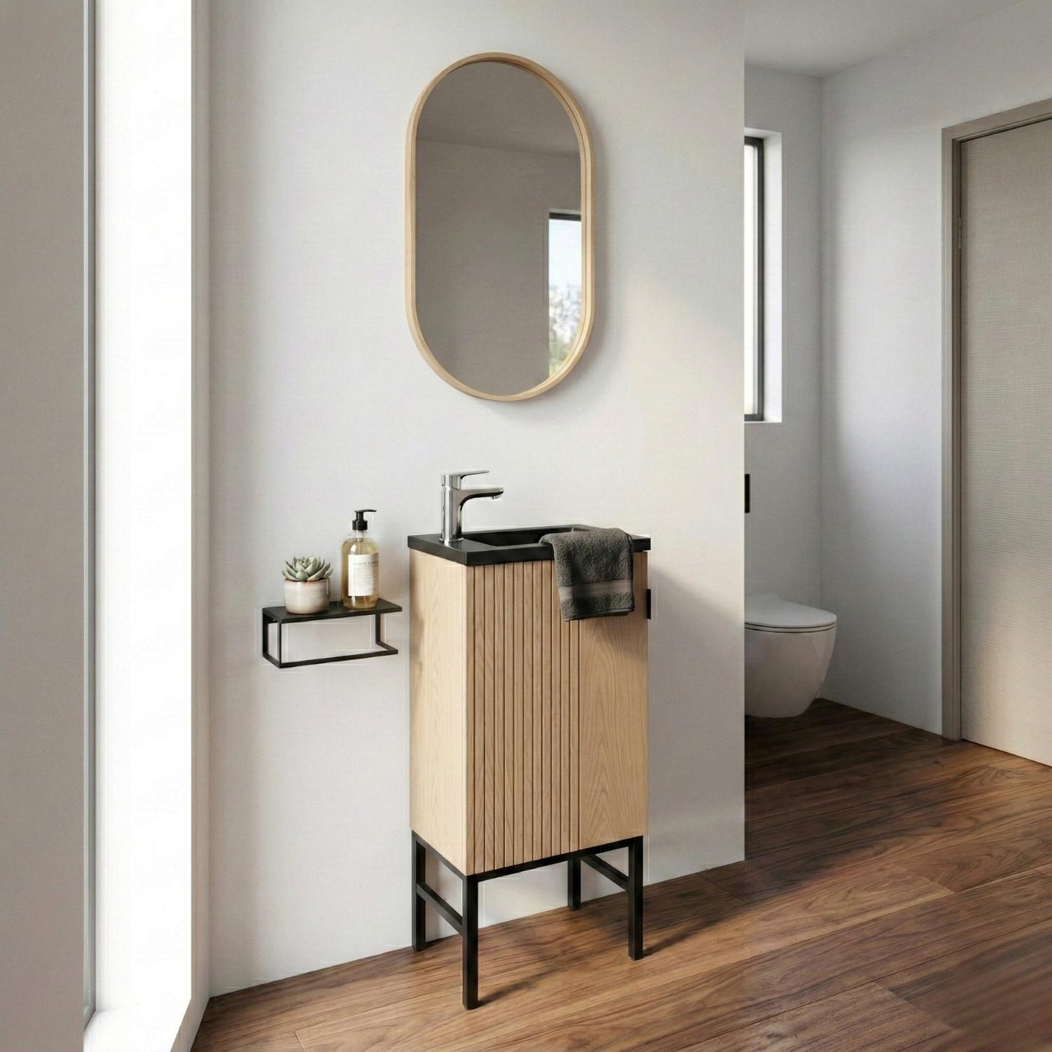Meuble lave-mains sur pieds décor chêne