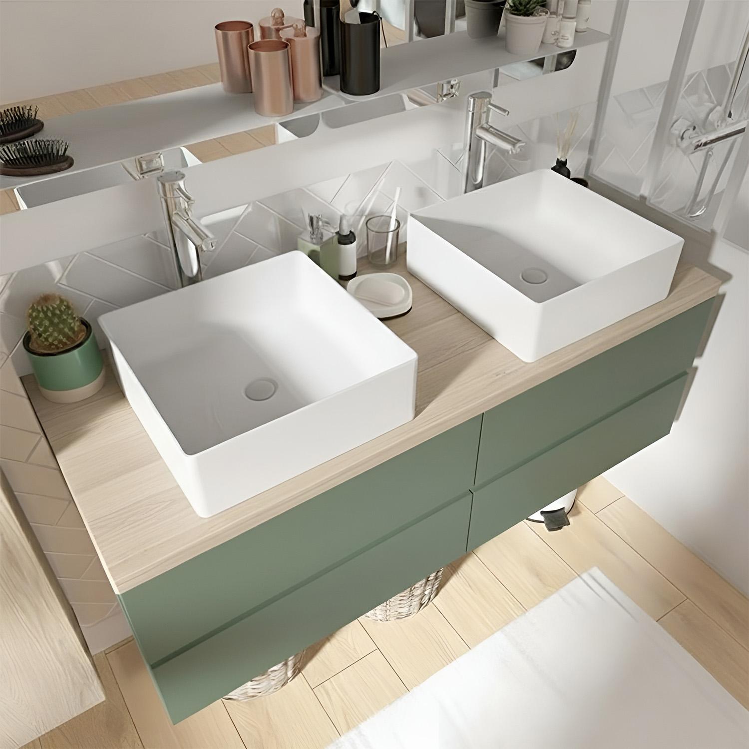 Ensemble double vasque suspendu 120cm avec plan bois, vasques, robinets, miroirs et colonne