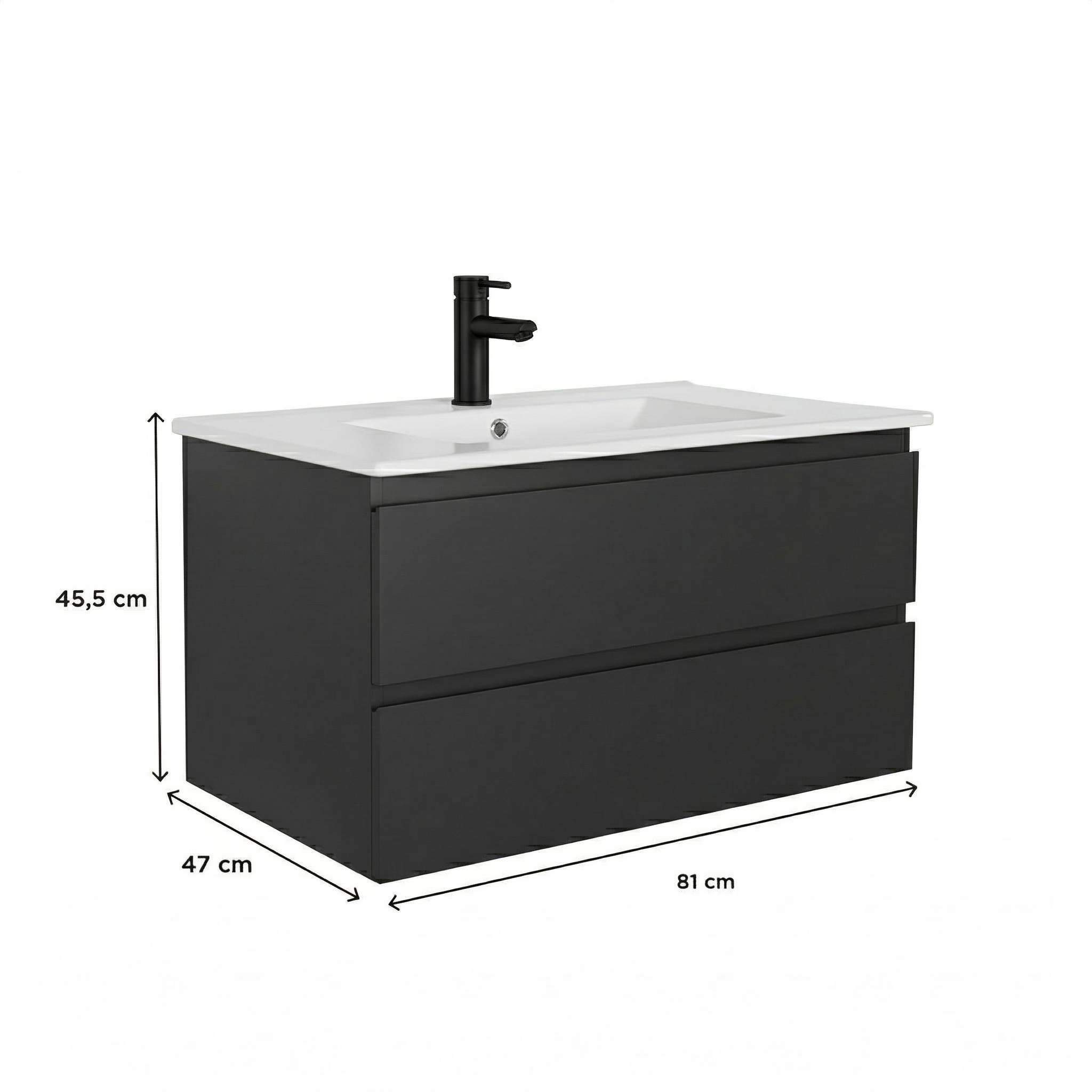 Ensemble meuble simple vasque 80cm avec plan céramique et robinet noir