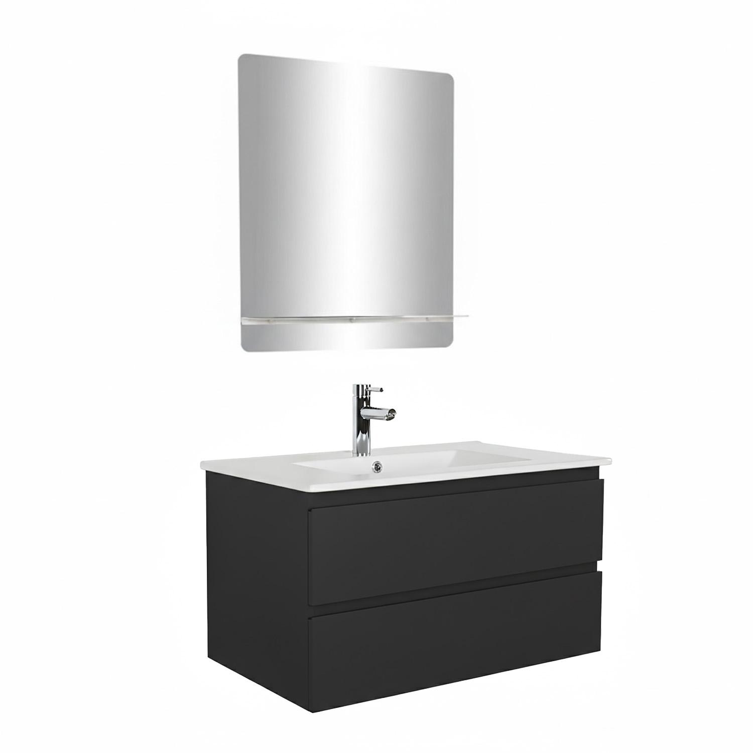 Ensemble meuble simple vasque 80cm avec plan céramique, robinet chromé et miroir