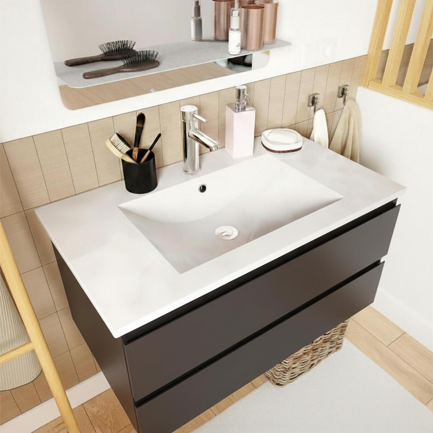 Ensemble meuble simple vasque 80cm avec plan céramique, robinet chromé et miroir