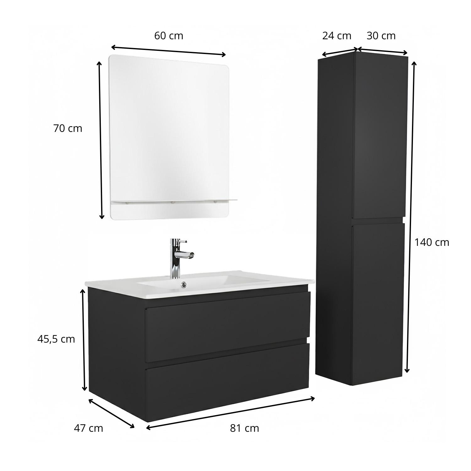Ensemble meuble simple vasque 80cm avec plan céramique, robinet, miroir et colonne