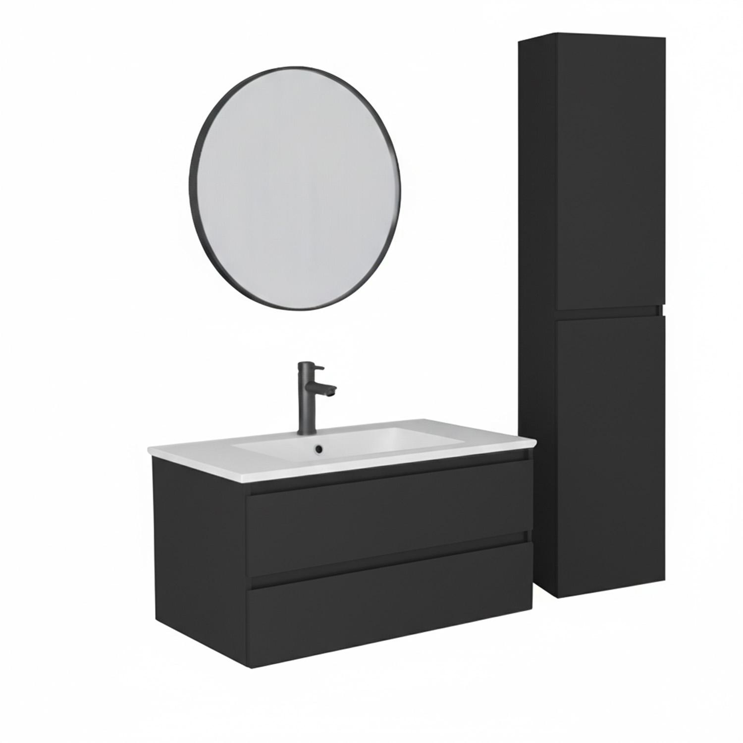 Ensemble meuble simple vasque 80cm avec plan céramique, robinet, miroir et colonne