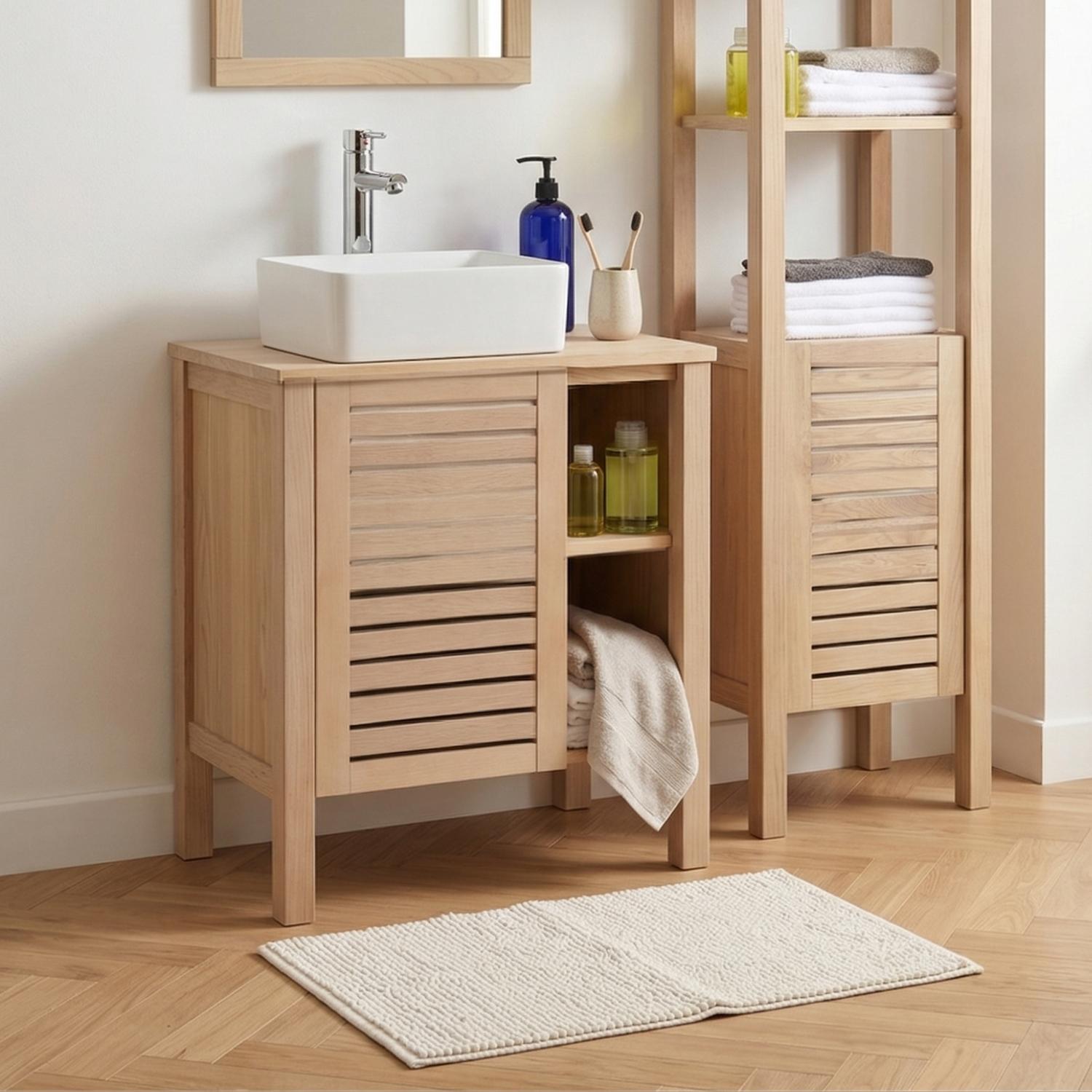 Ensemble simple vasque 60cm chêne avec vasque et robinet chromé