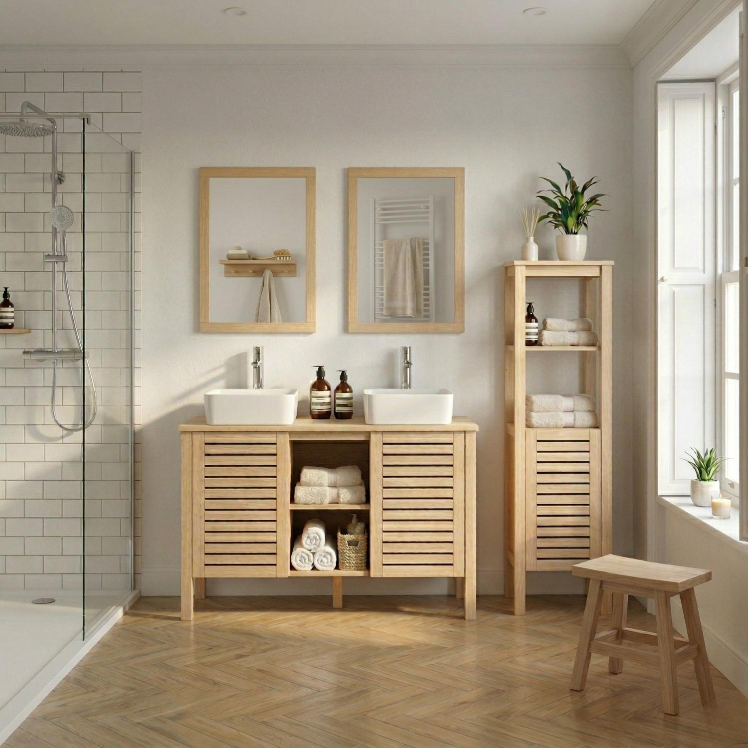 Ensemble simple vasque 90cm chêne avec vasque, robinet, miroir et colonne