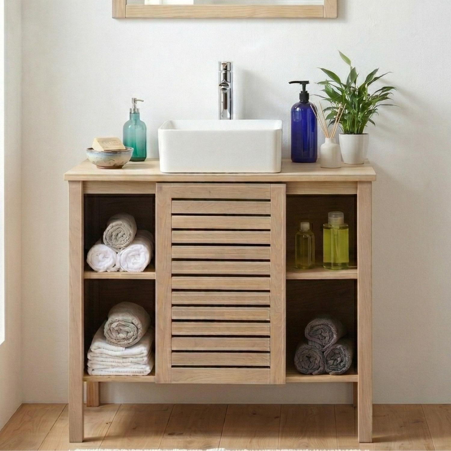Ensemble simple vasque 90cm chêne avec vasque céramique carrée
