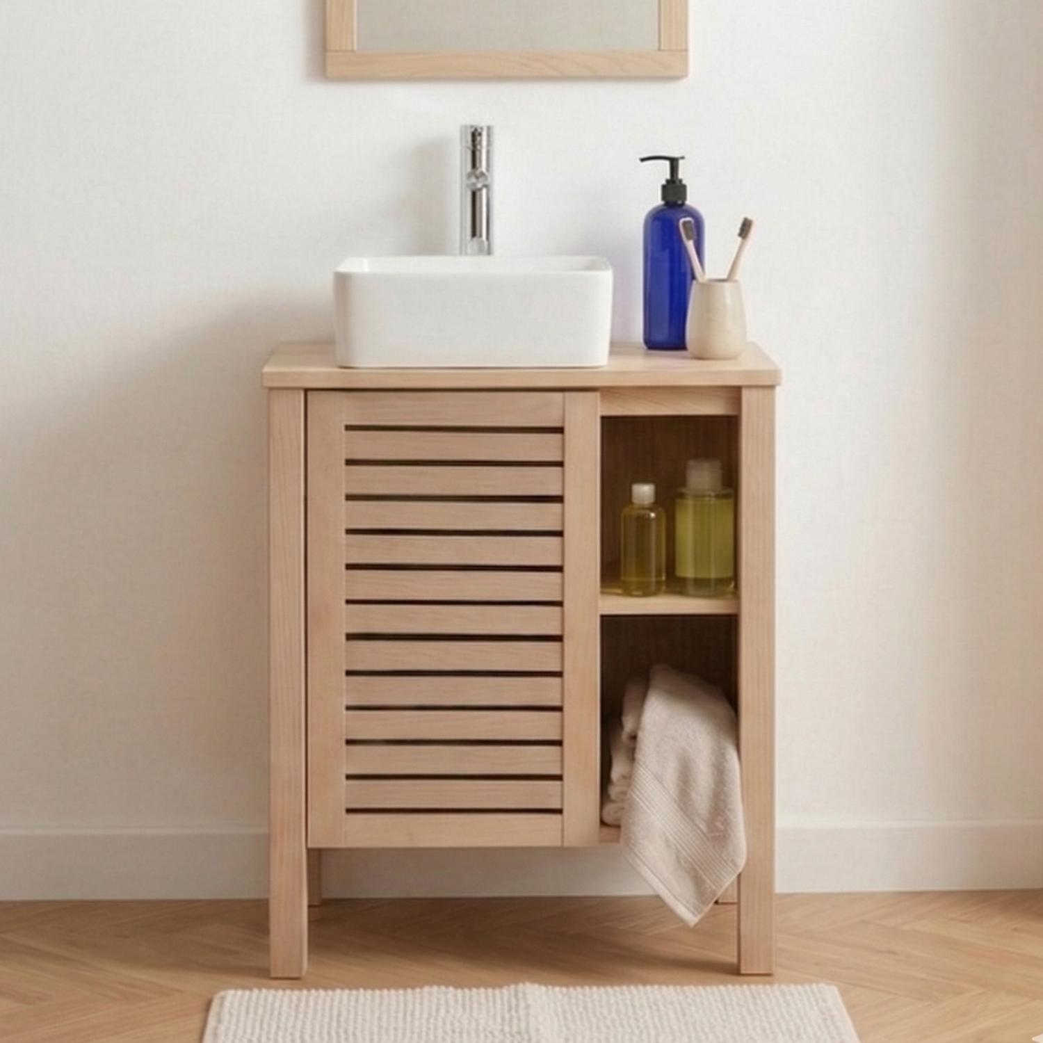 Ensemble simple vasque 60cm chêne avec vasque et robinet chromé