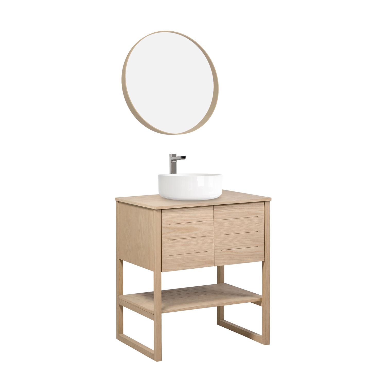 Ensemble salle de bain complet 70cm chêne naturel avec vasque ronde, robinet et miroir ATOLL
