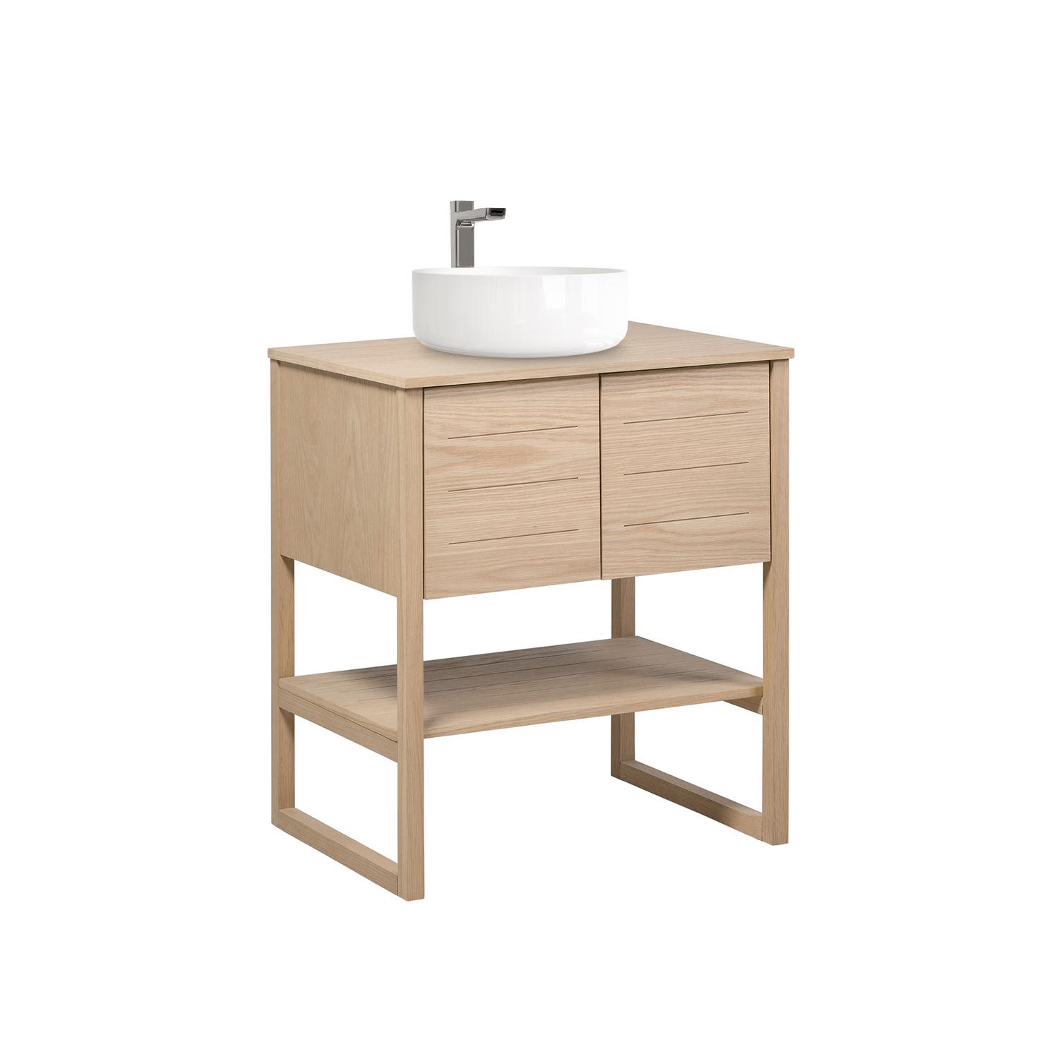 Ensemble meuble 70cm chêne naturel avec vasque ronde blanche et robinet chromé ATOLL