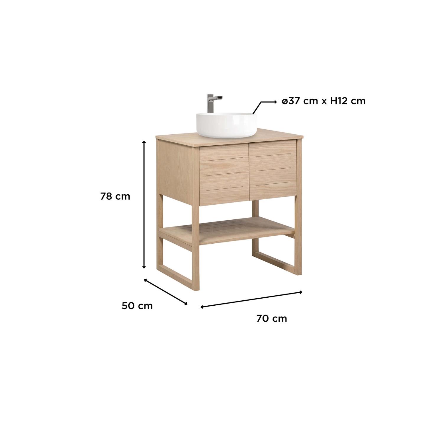 Ensemble meuble 70cm chêne naturel avec vasque ronde blanche et robinet chromé ATOLL