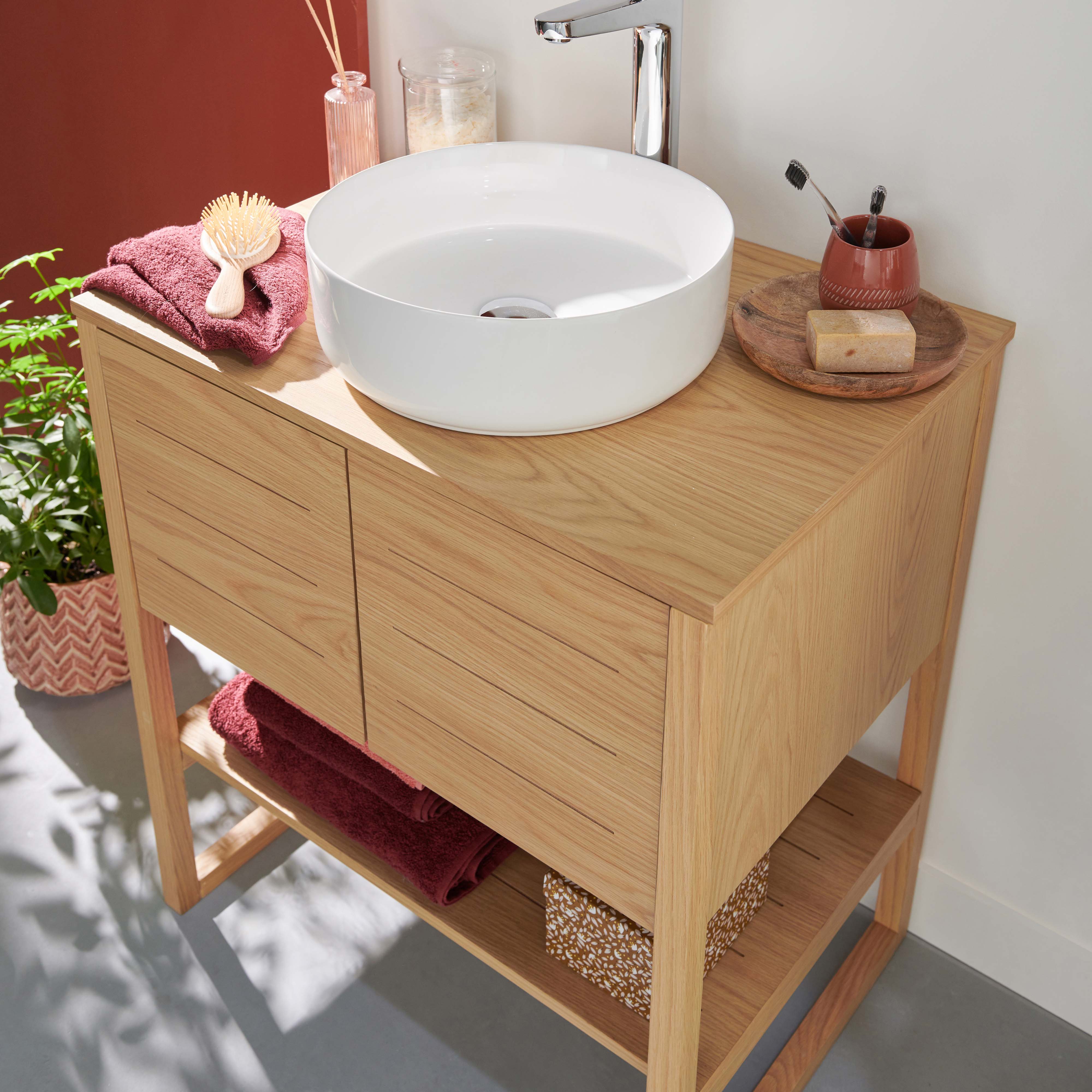 Ensemble meuble 70cm chêne naturel avec vasque ronde blanche et robinet chromé ATOLL