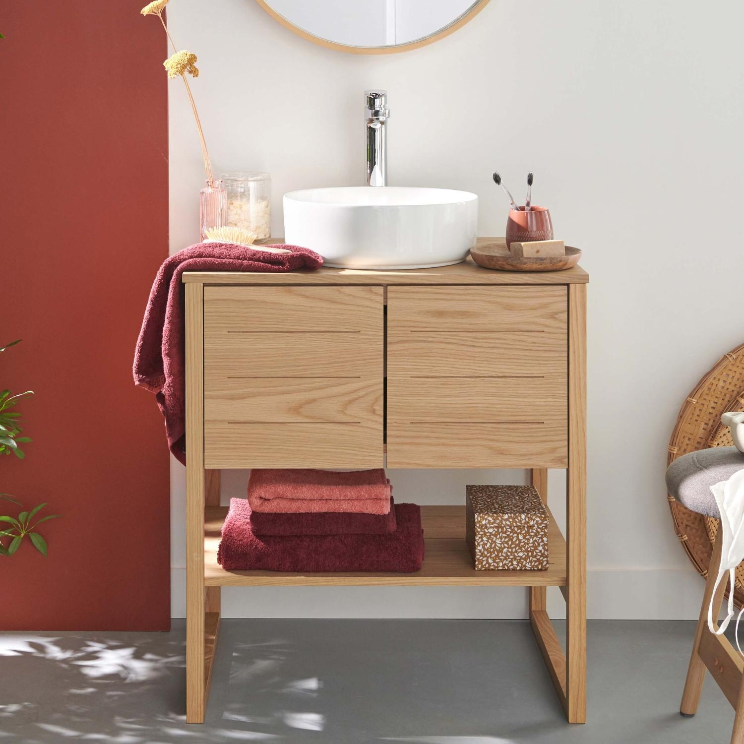 Ensemble meuble 70cm chêne naturel avec vasque ronde blanche et plan de toilette ATOLL