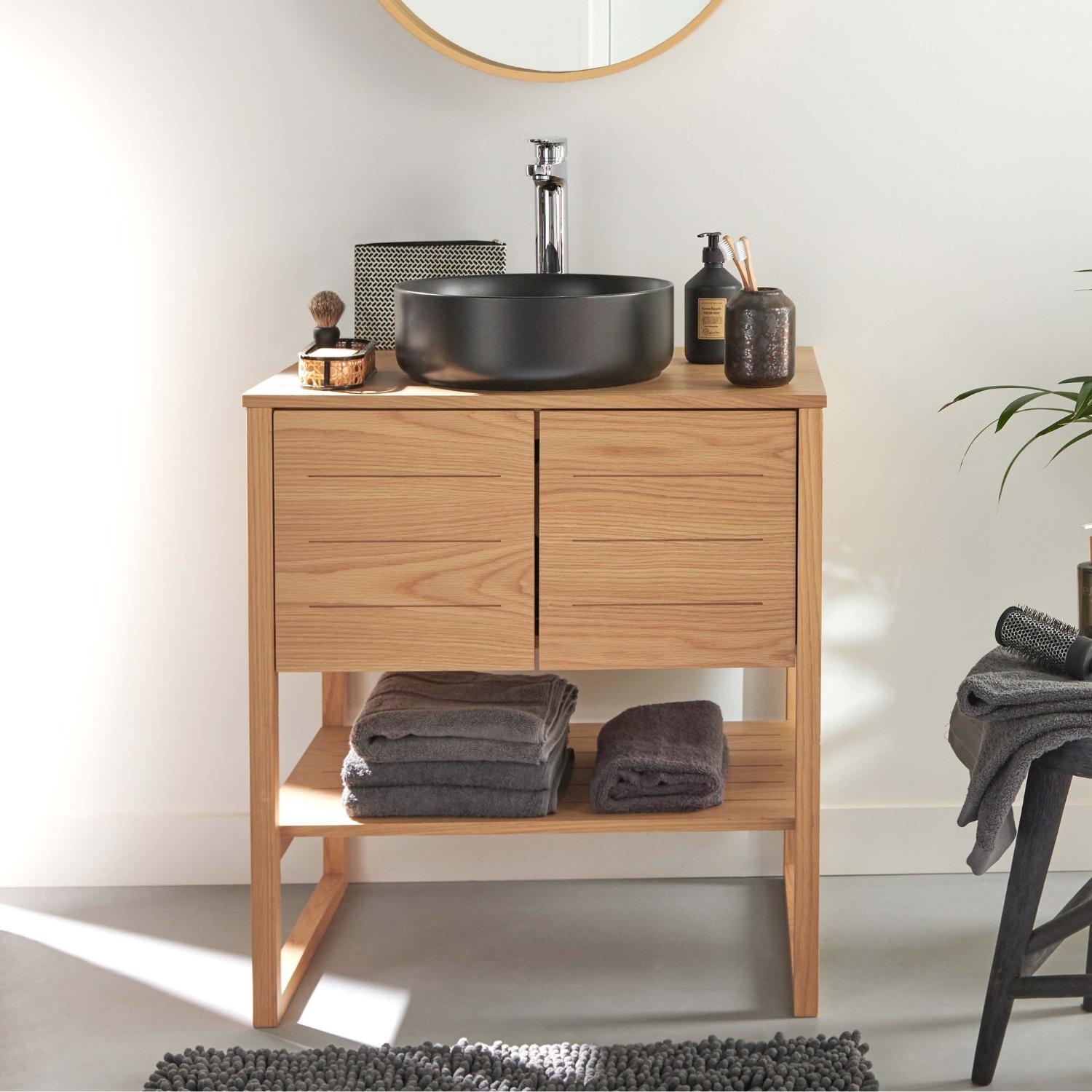 Ensemble meuble 70cm chêne naturel avec vasque ronde noire et robinet ATOLL