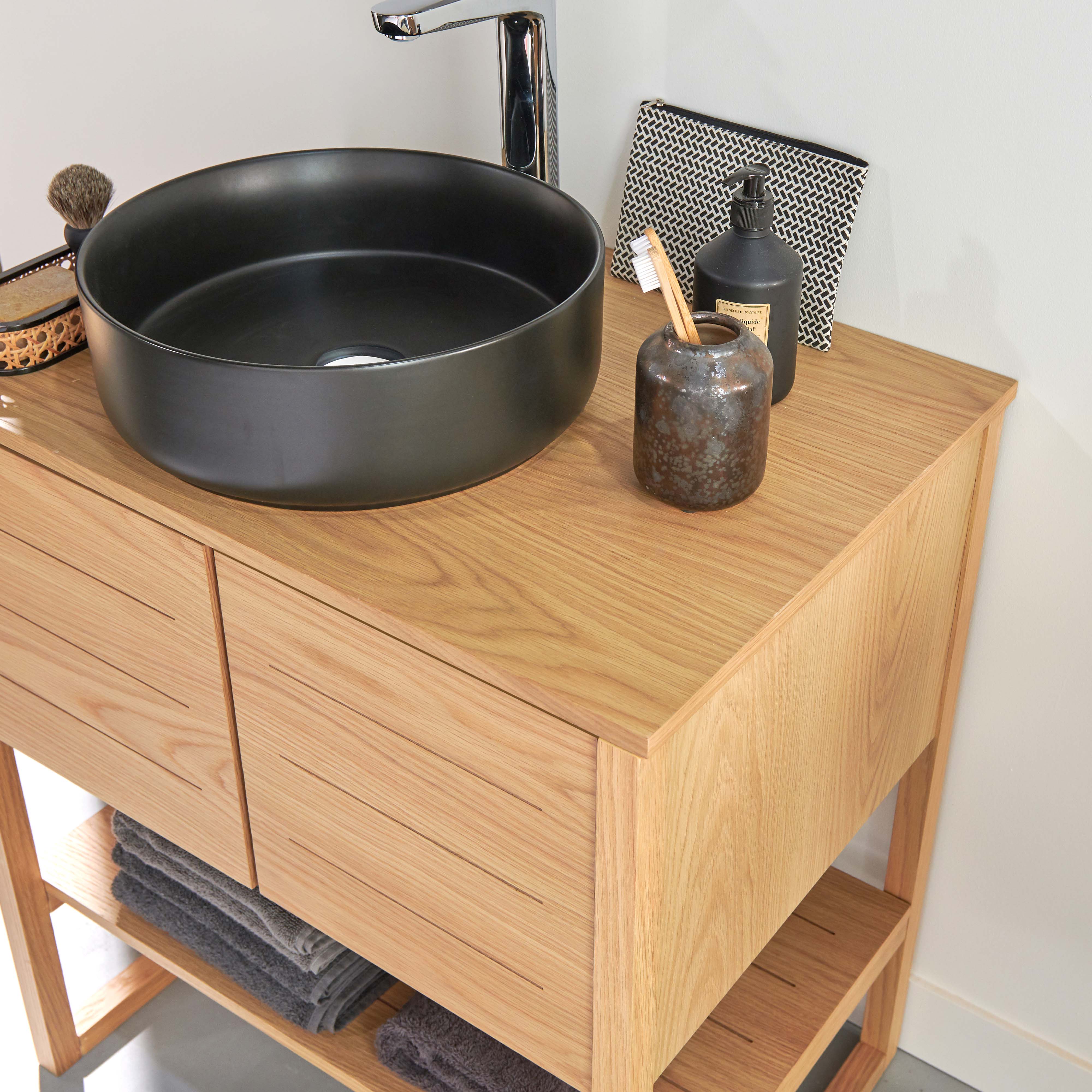 Ensemble meuble 70cm chêne naturel avec vasque ronde noire et robinet ATOLL