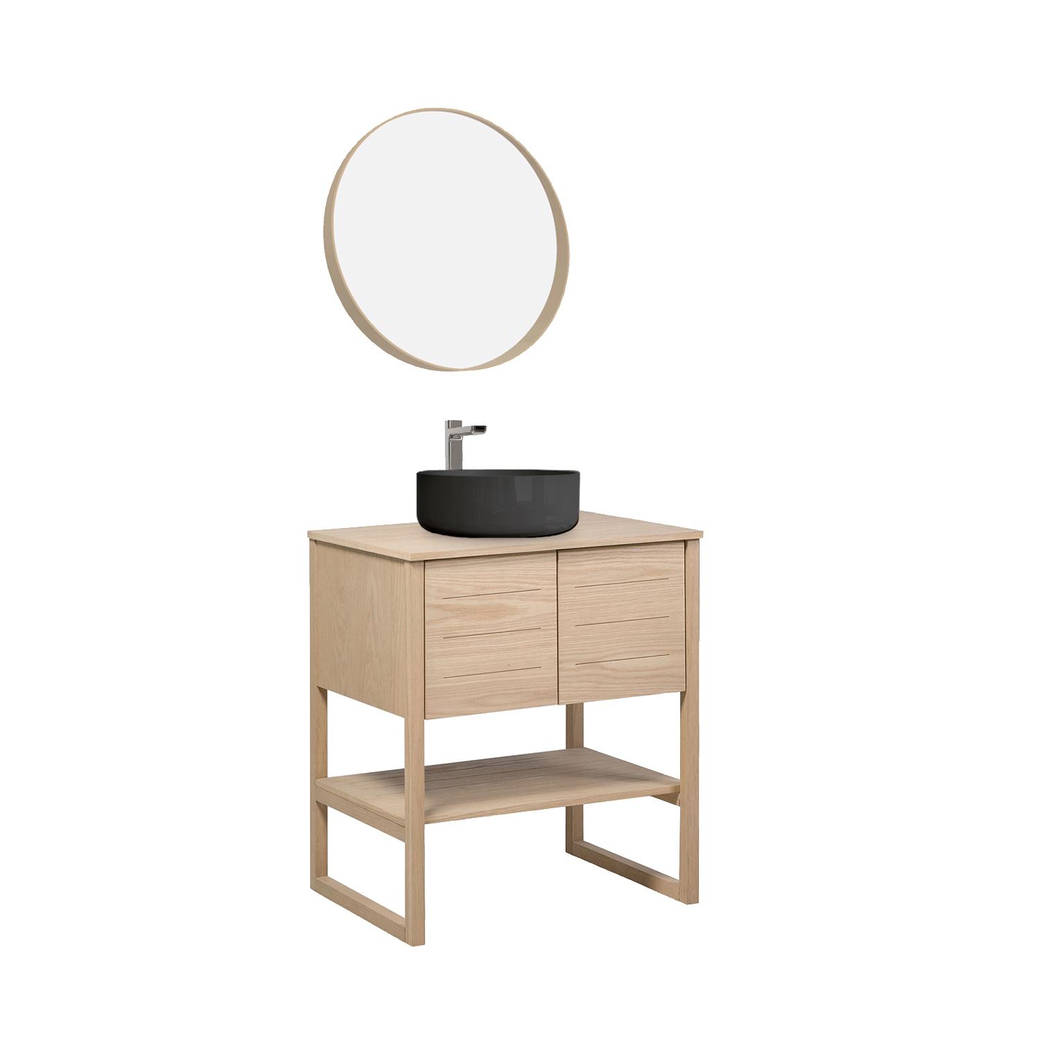 Ensemble complet salle de bain 70cm chêne naturel avec vasque ronde noire, robinet et miroir ATOLL