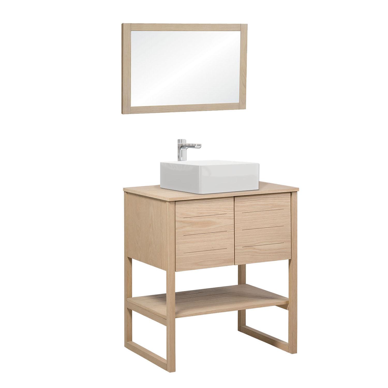 Ensemble salle de bain 70cm chêne naturel avec vasque carrée, robinet et miroir ATOLL