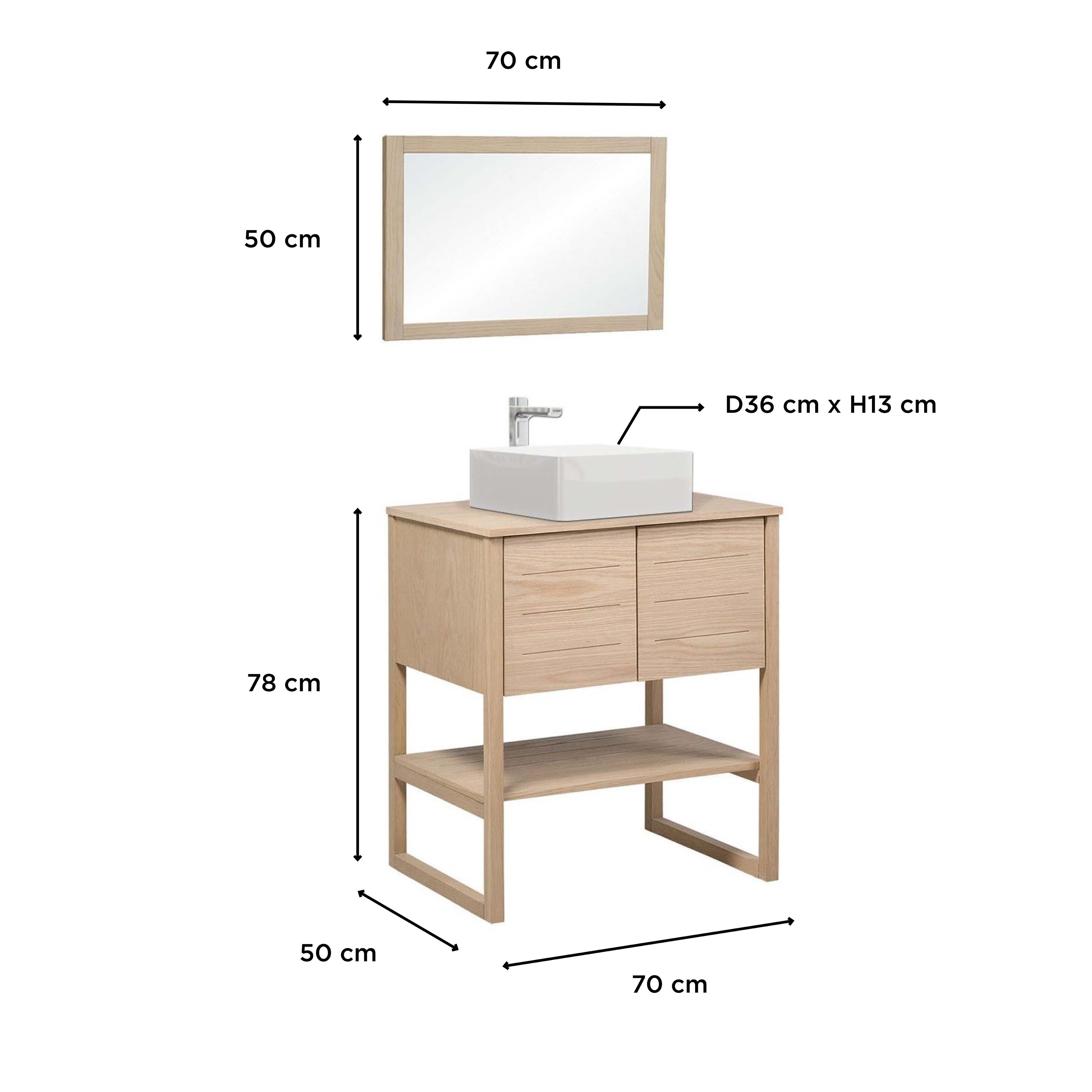 Ensemble salle de bain 70cm chêne naturel avec vasque carrée, robinet et miroir ATOLL