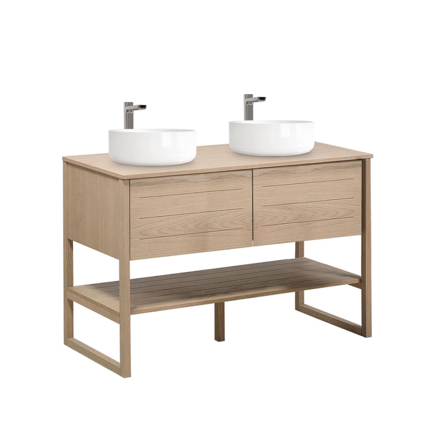 Ensemble meuble double vasque 120cm chêne naturel avec vasques rondes blanches ATOLL