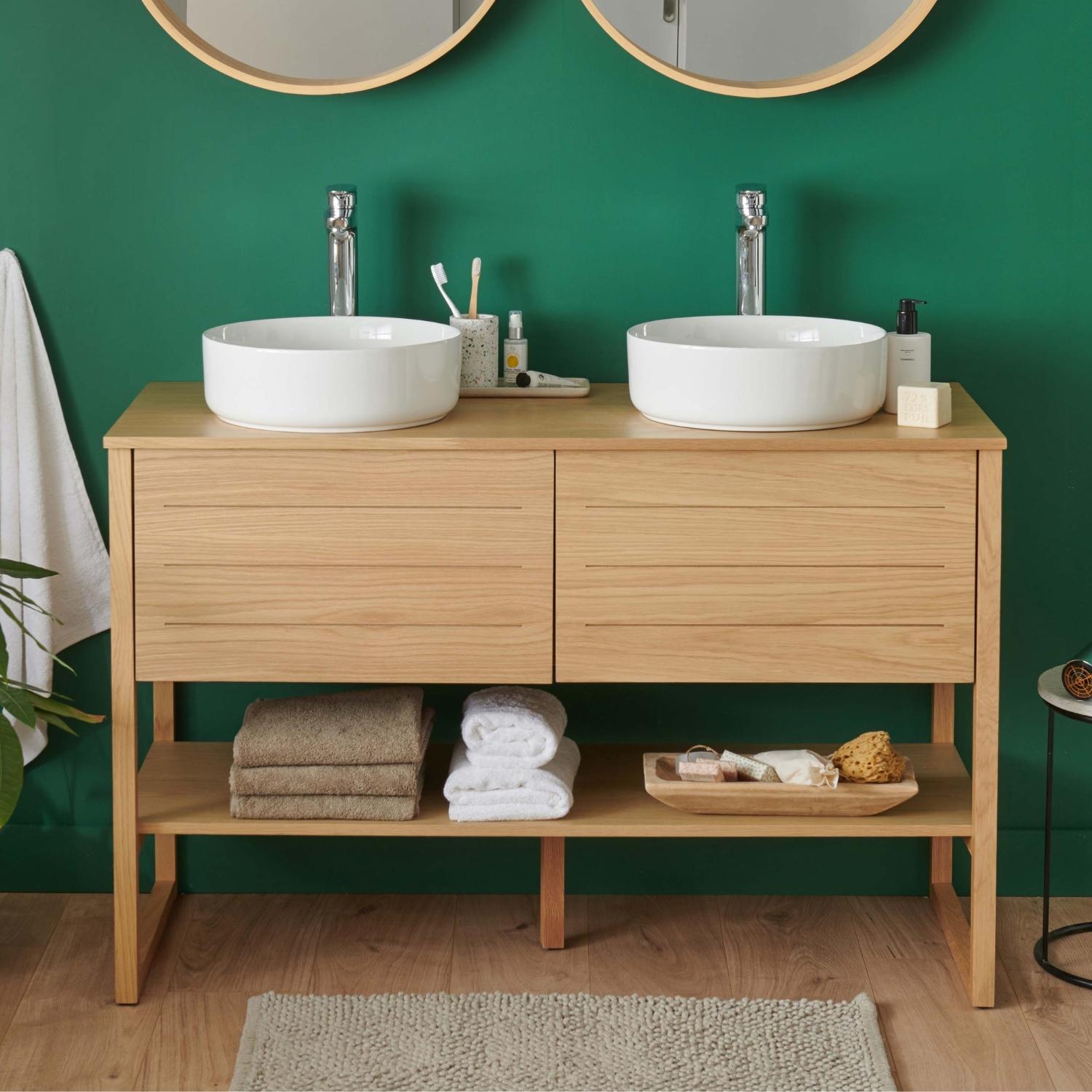 Ensemble meuble double vasque 120cm chêne naturel avec vasques rondes blanches et robinets ATOLL