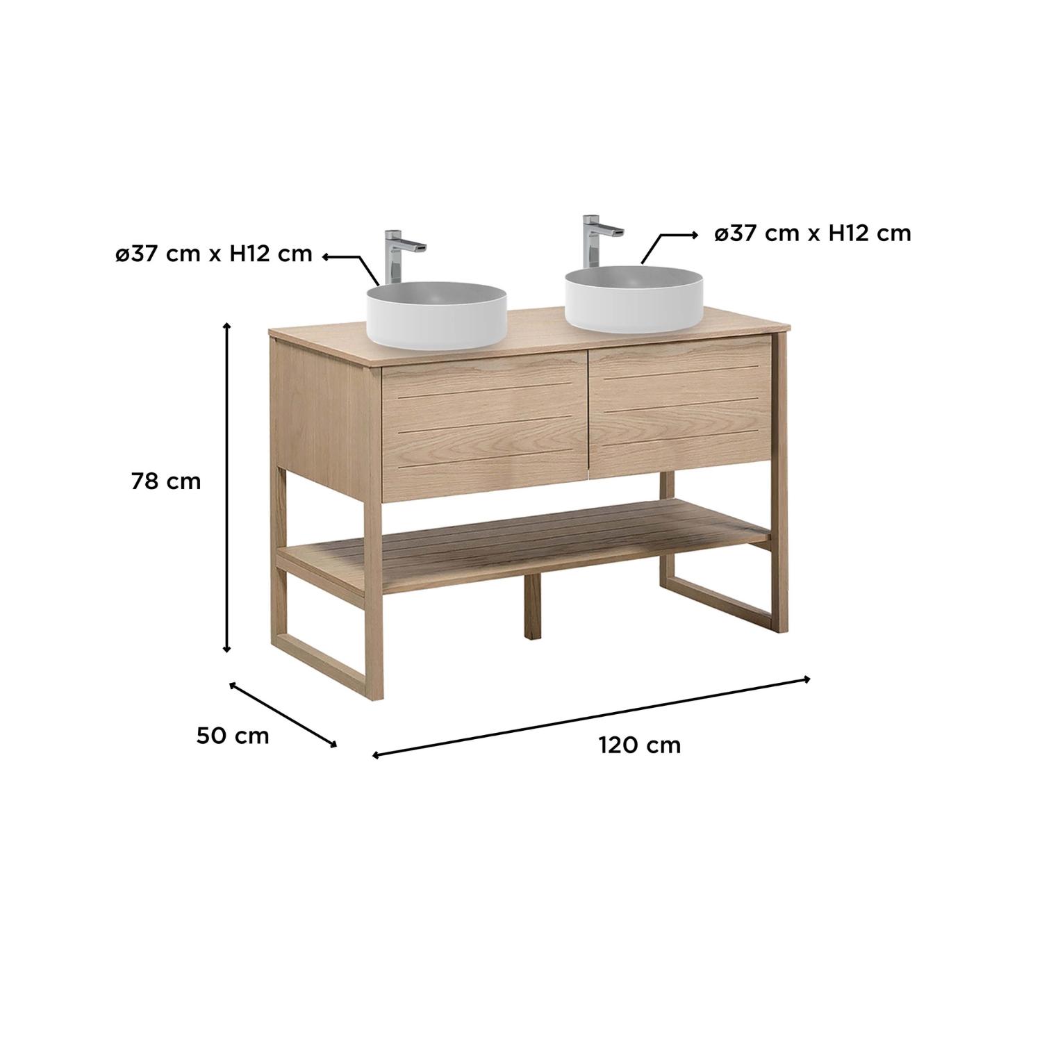 Ensemble meuble double vasque 120cm chêne naturel avec vasques rondes blanches et robinets ATOLL