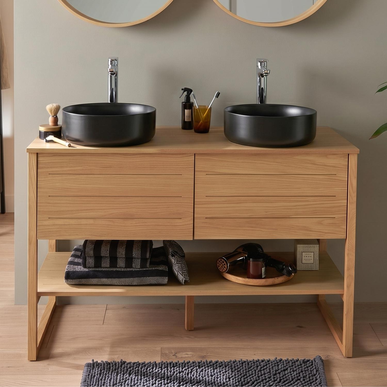 Ensemble meuble double vasque 120cm chêne naturel avec vasques rondes noires et robinets