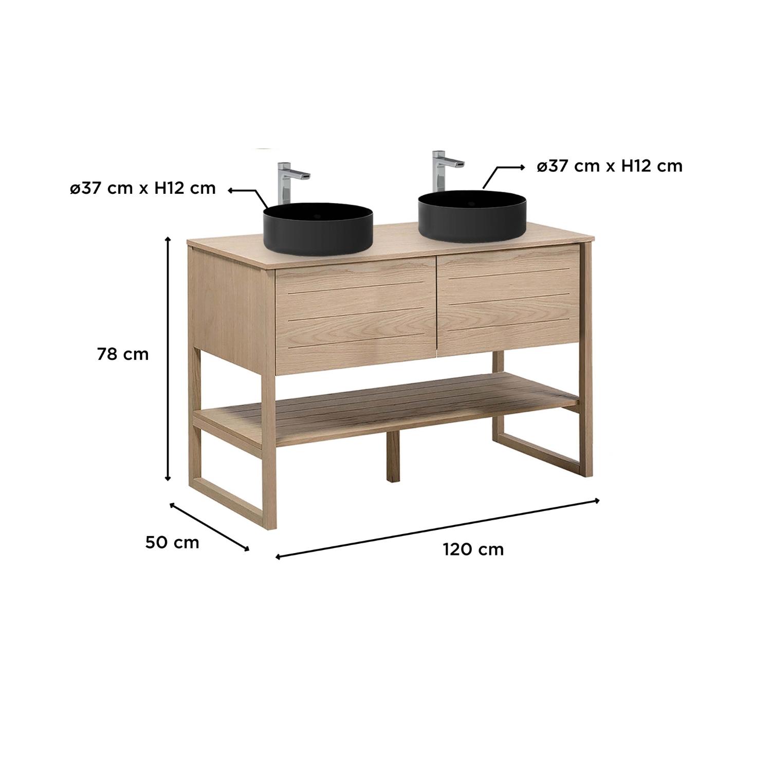 Ensemble meuble double vasque 120cm chêne naturel avec vasques rondes noires et robinets