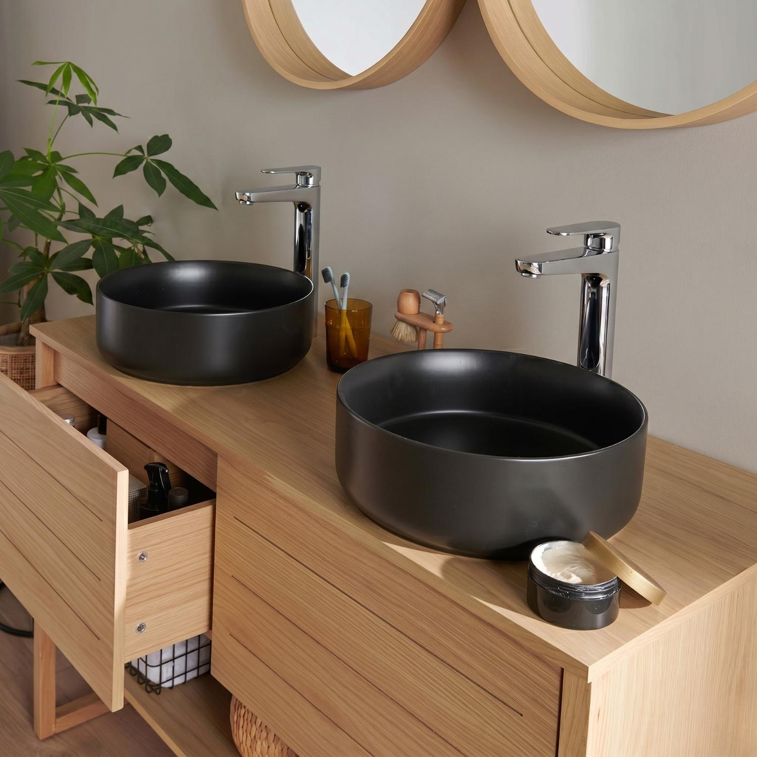 Ensemble meuble double vasque 120cm chêne naturel avec vasques rondes noires et robinets