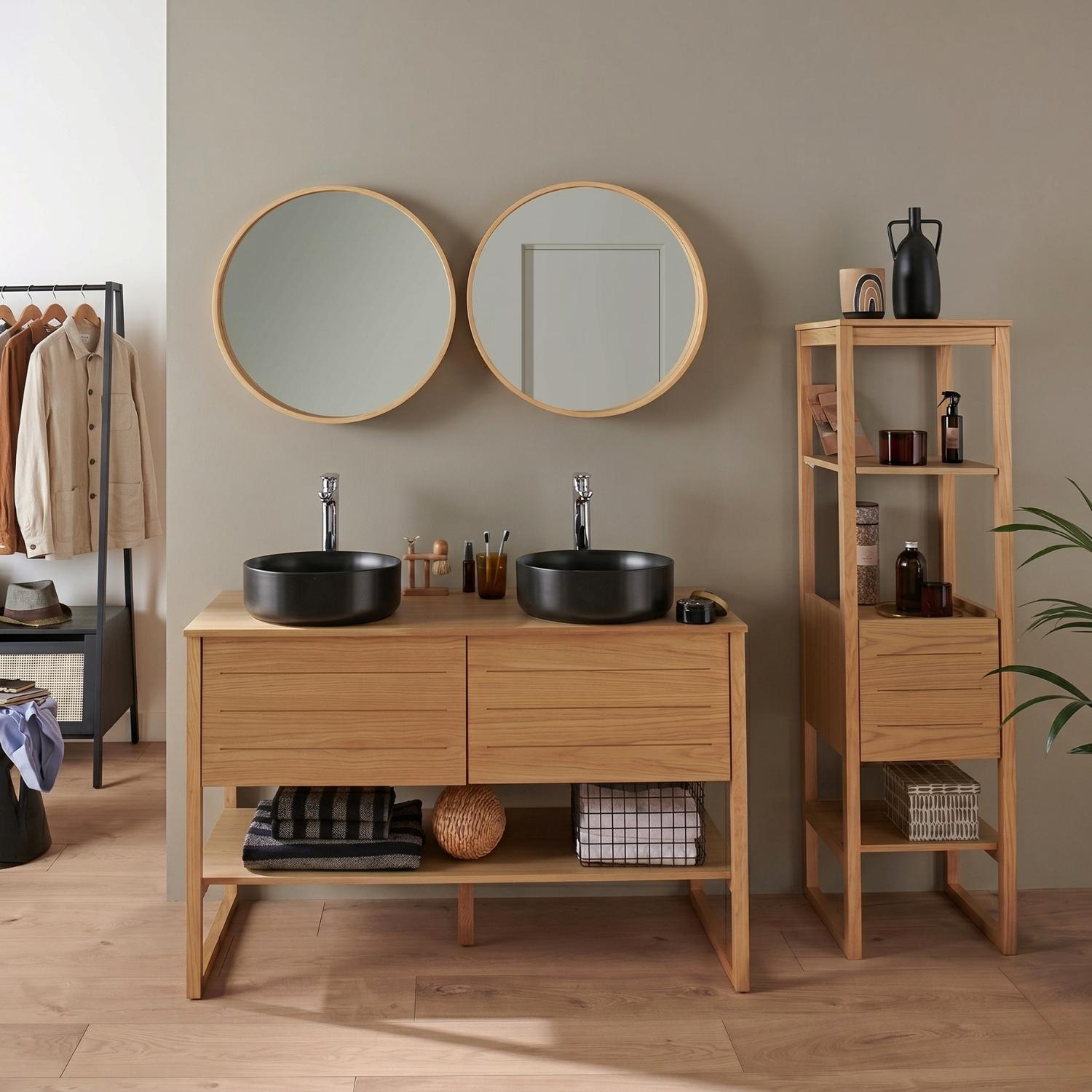 Ensemble salle de bain 120cm double vasque chêne naturel avec colonne, vasques rondes noires, miroirs et robinets