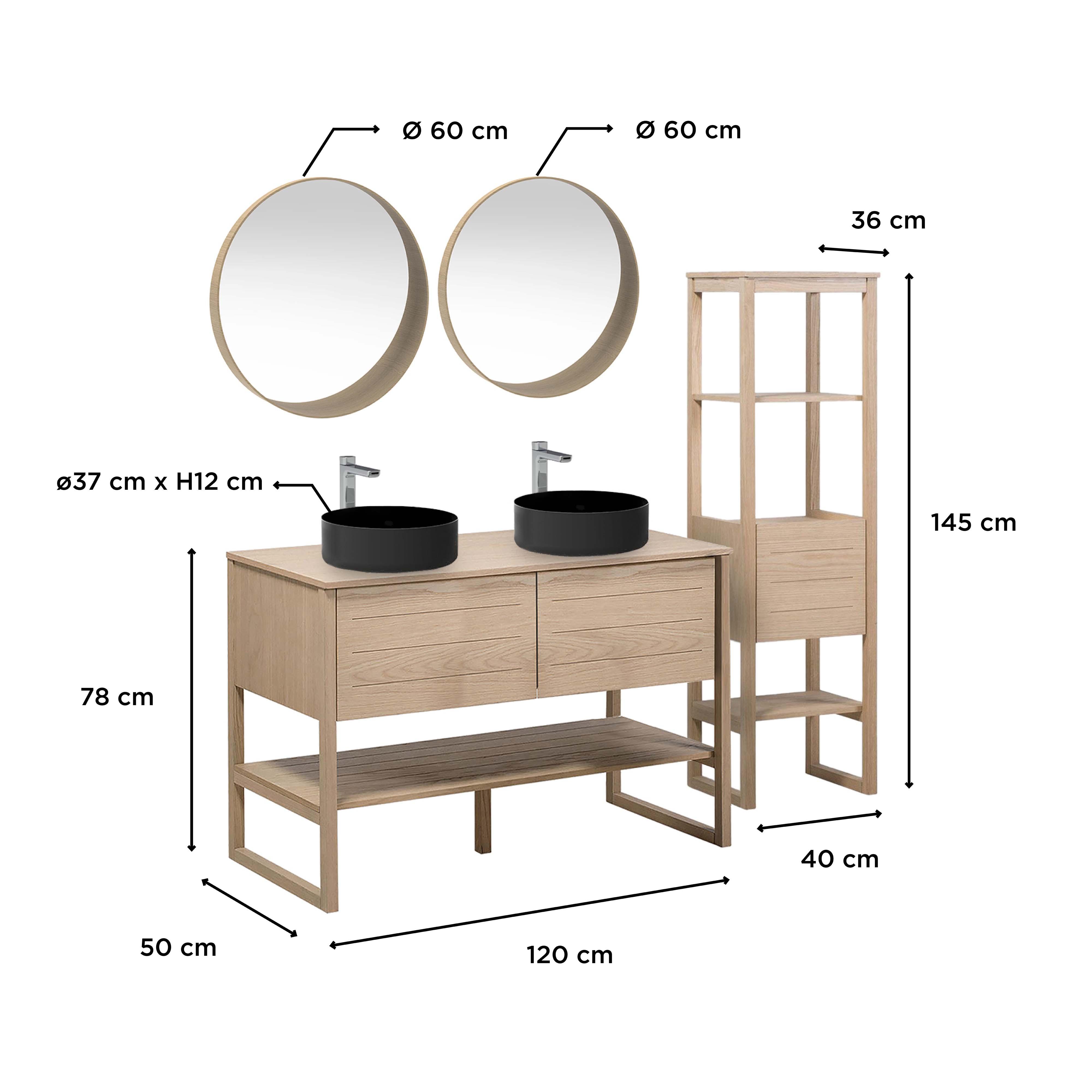 Ensemble salle de bain 120cm double vasque chêne naturel avec colonne, vasques rondes noires, miroirs et robinets