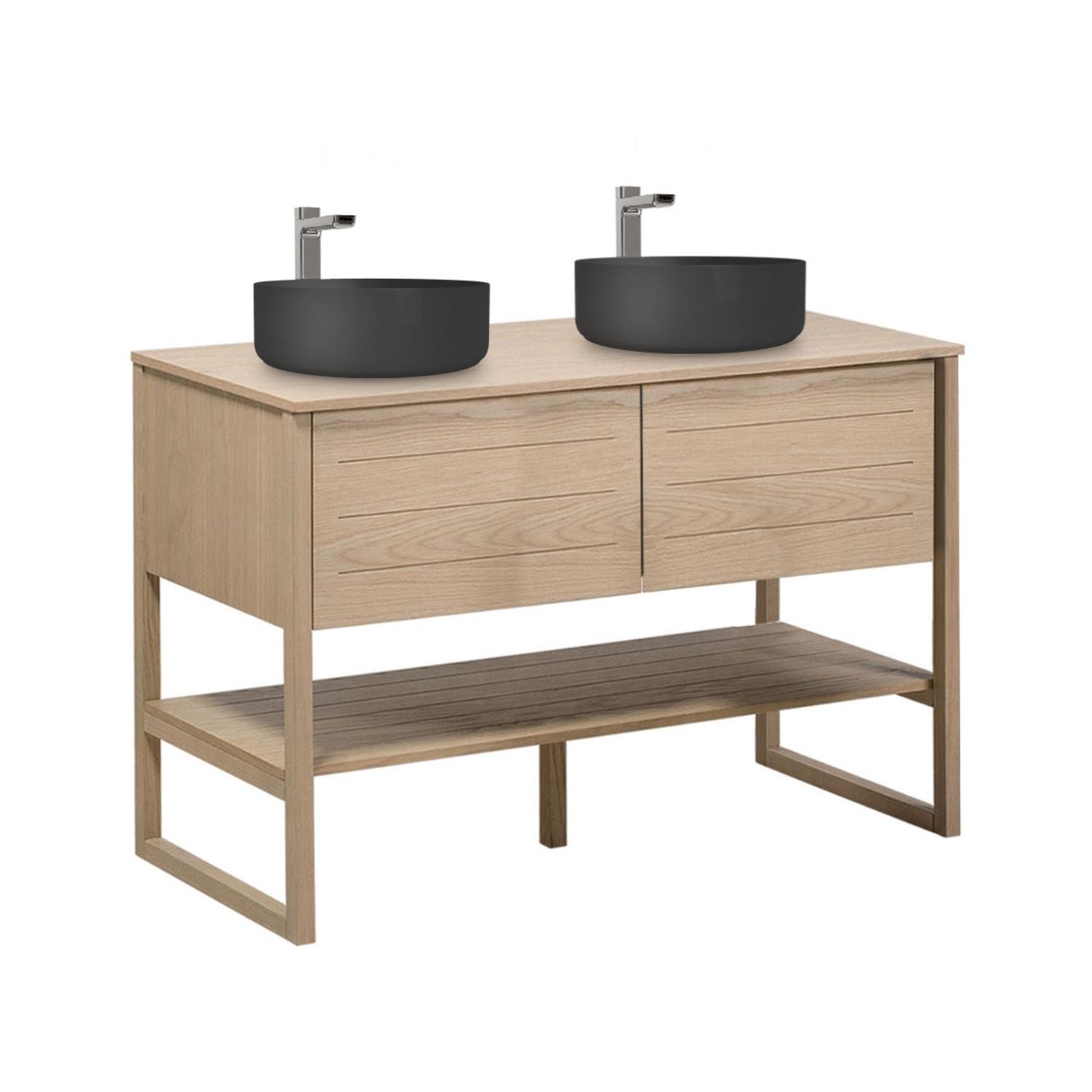 Ensemble meuble double vasque 120cm chêne naturel avec vasques rondes noires
