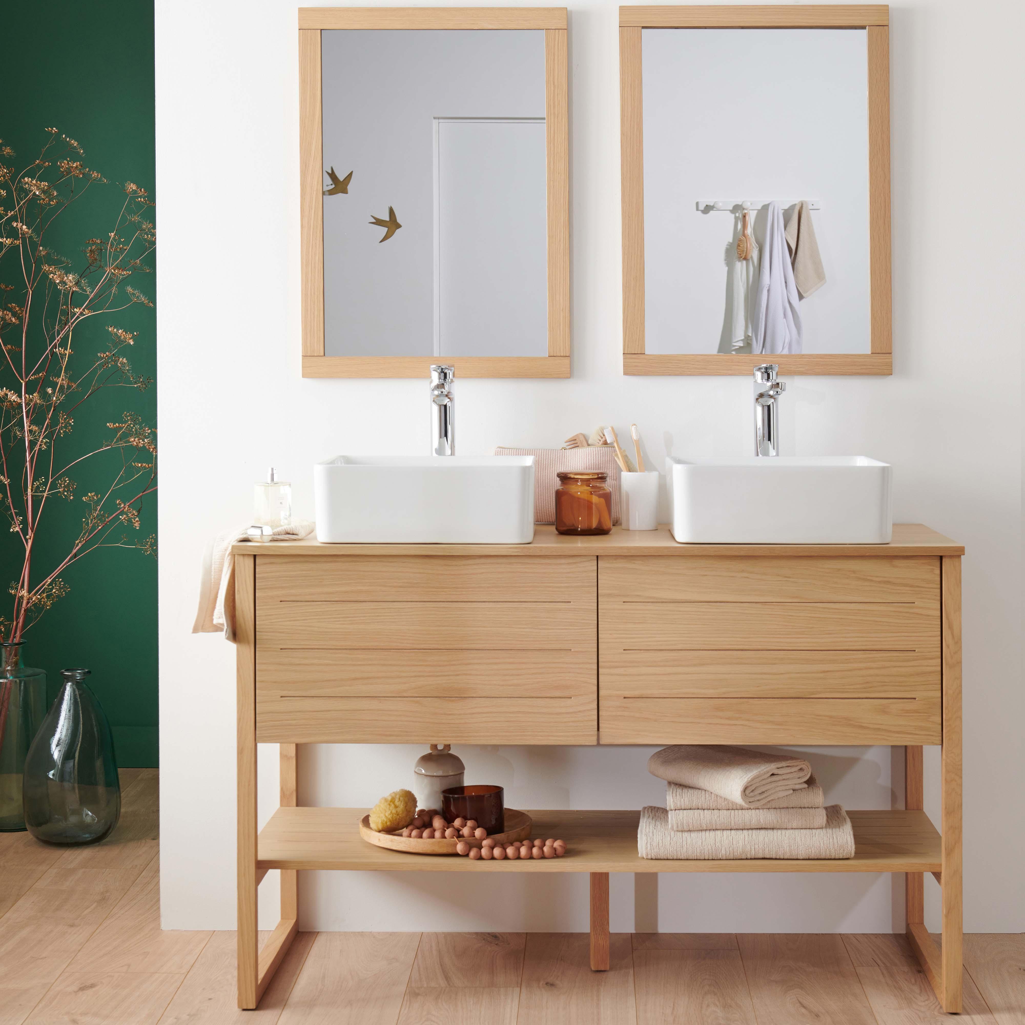 Ensemble salle de bain 120cm double vasque chêne naturel avec colonne, vasques carrées, miroirs et robinets
