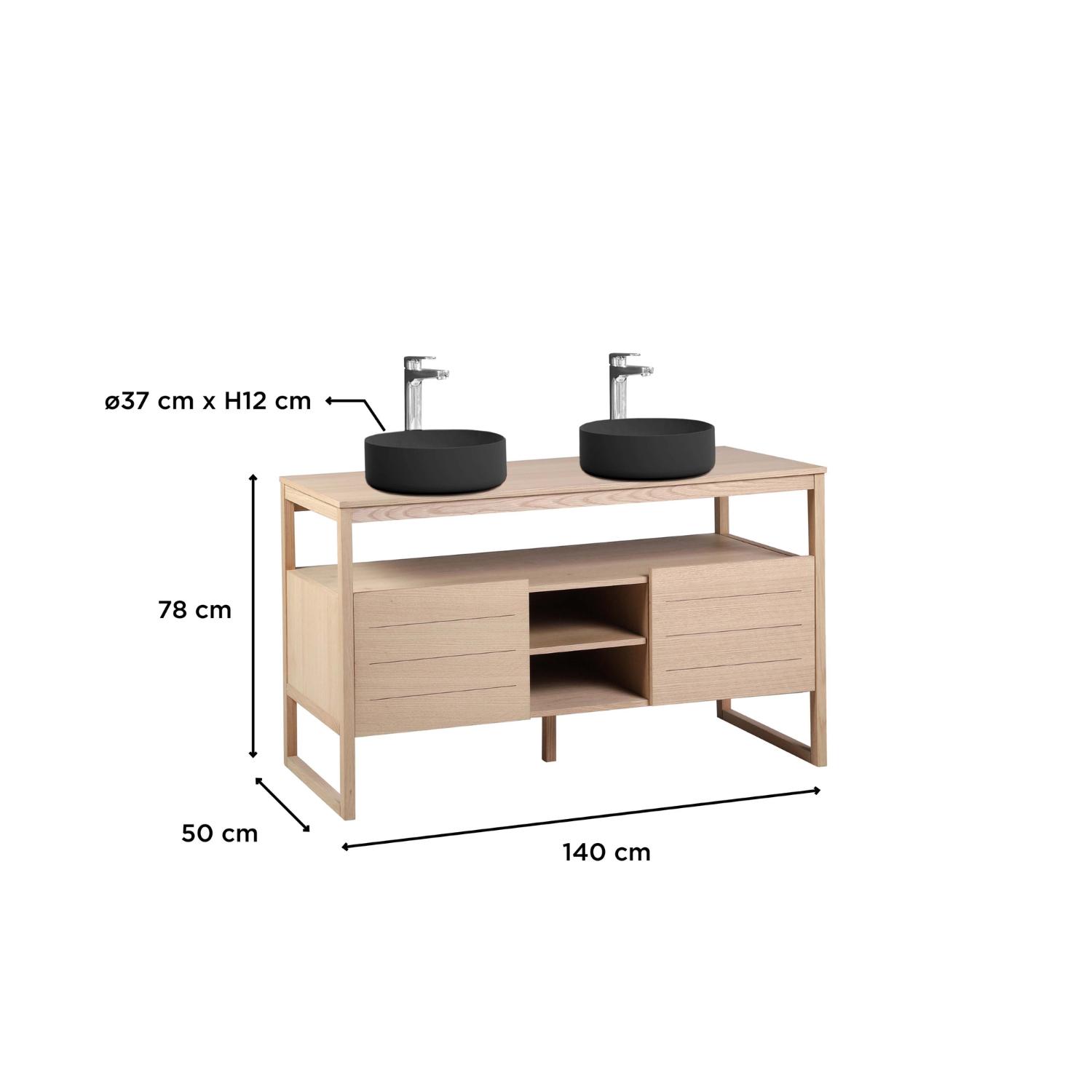Ensemble meuble double vasque 140cm chêne naturel avec vasques rondes noires
