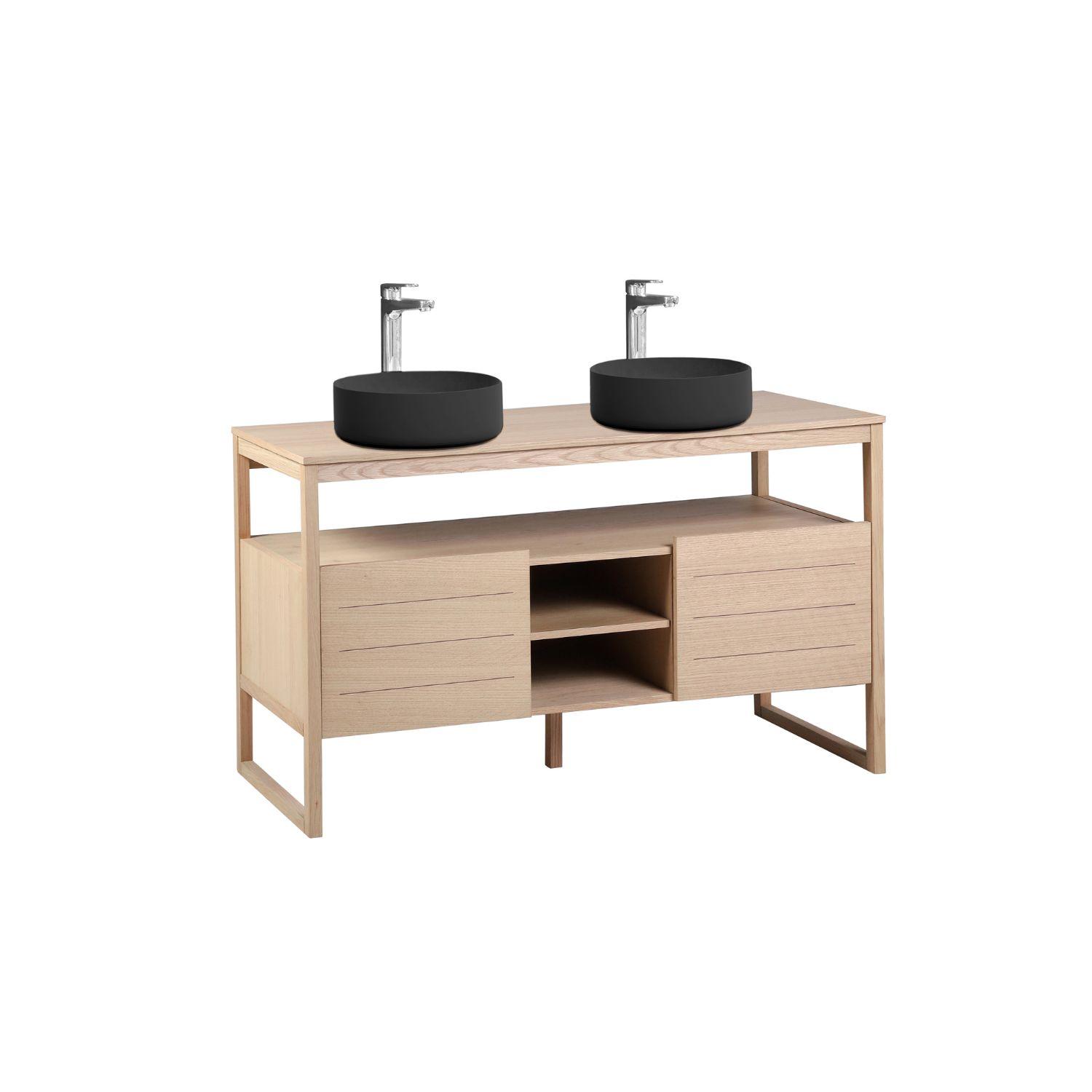 Ensemble meuble double vasque 140cm chêne naturel avec vasques rondes noires