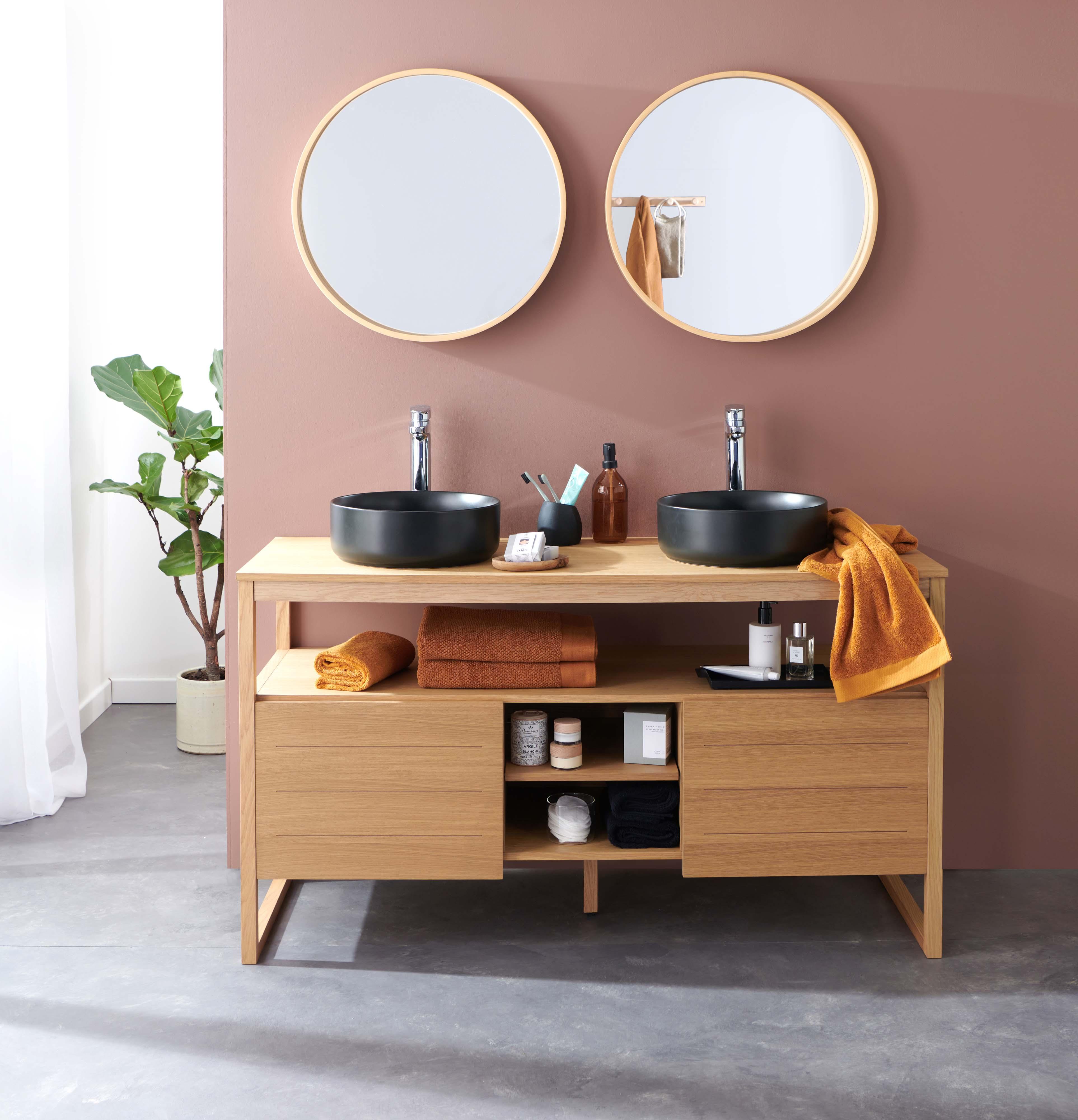 Ensemble double vasque 140cm chêne naturel avec vasques rondes noires, robinets et miroir