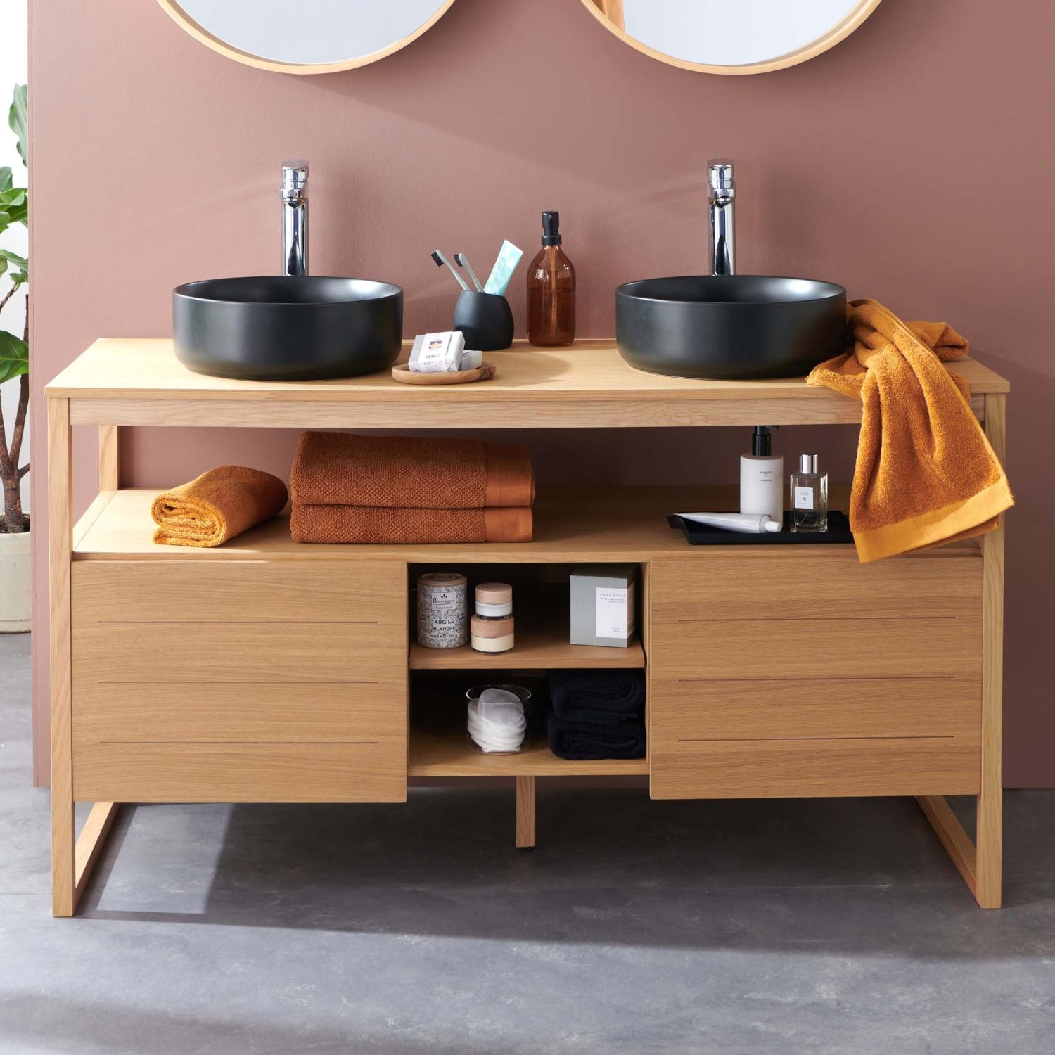 Ensemble meuble double vasque 140cm chêne naturel avec vasques rondes noires et robinets