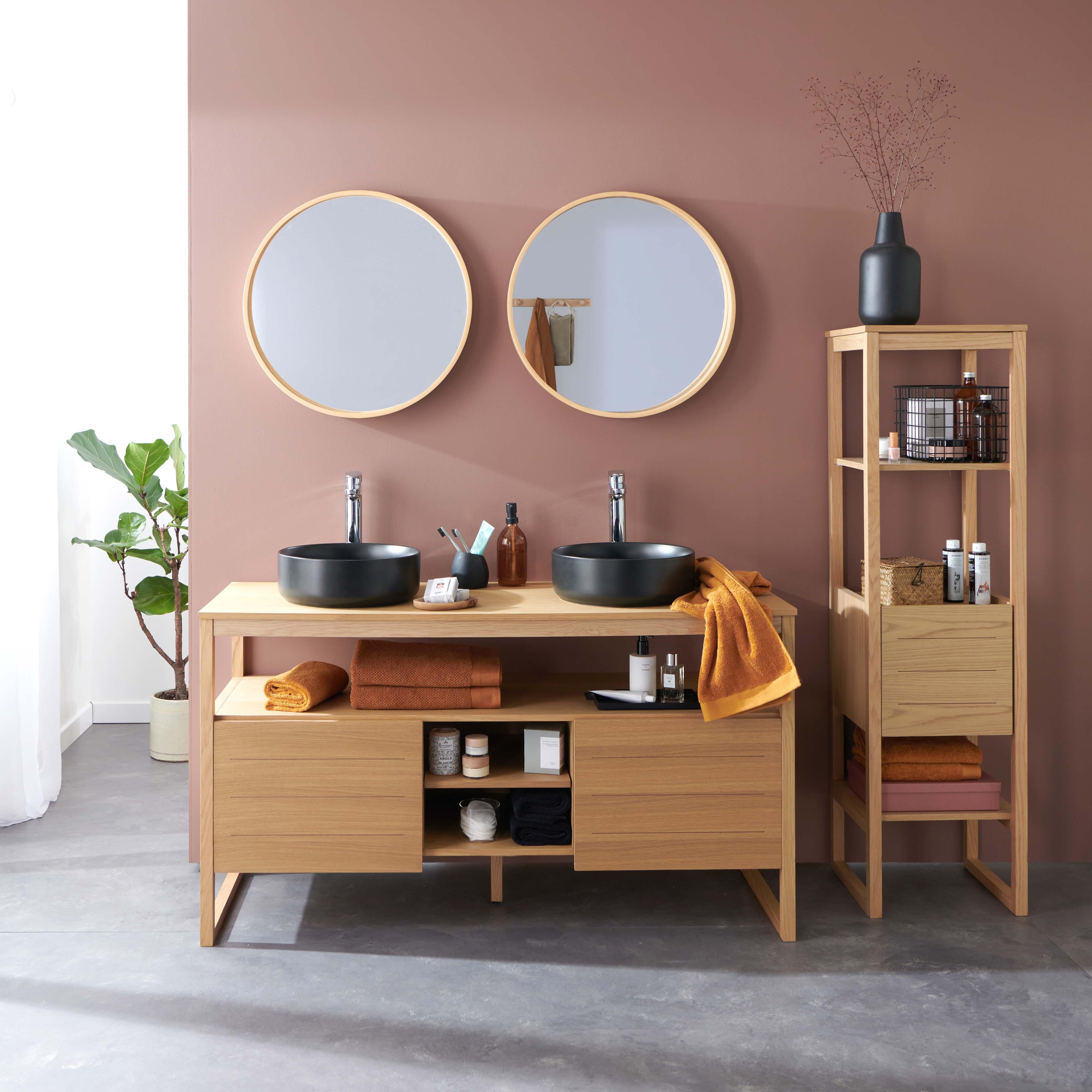 Ensemble salle de bain 140cm double vasque chêne naturel avec colonne, vasques rondes noires, miroirs et robinets
