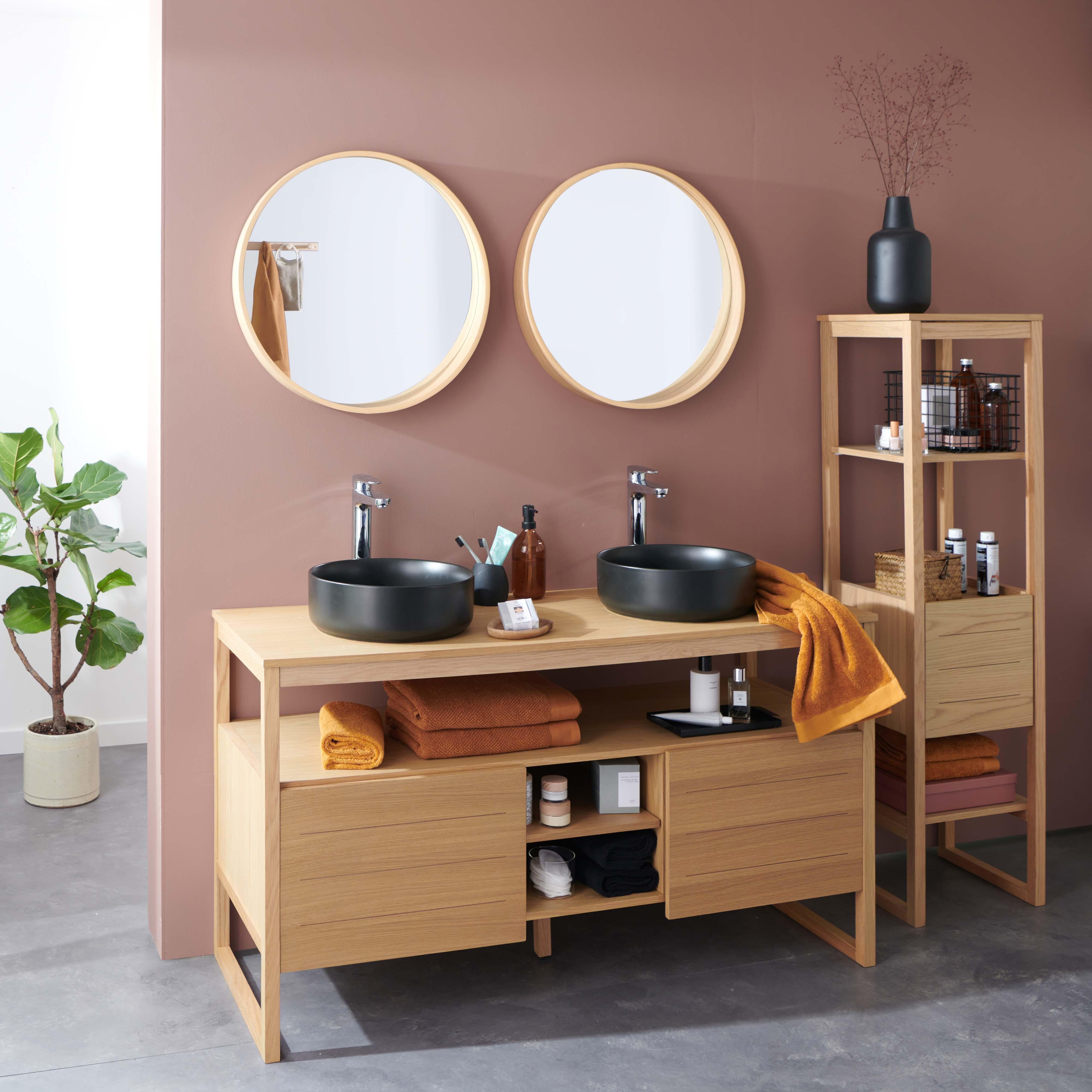 Ensemble salle de bain 140cm double vasque chêne naturel avec colonne, vasques rondes noires, miroirs et robinets