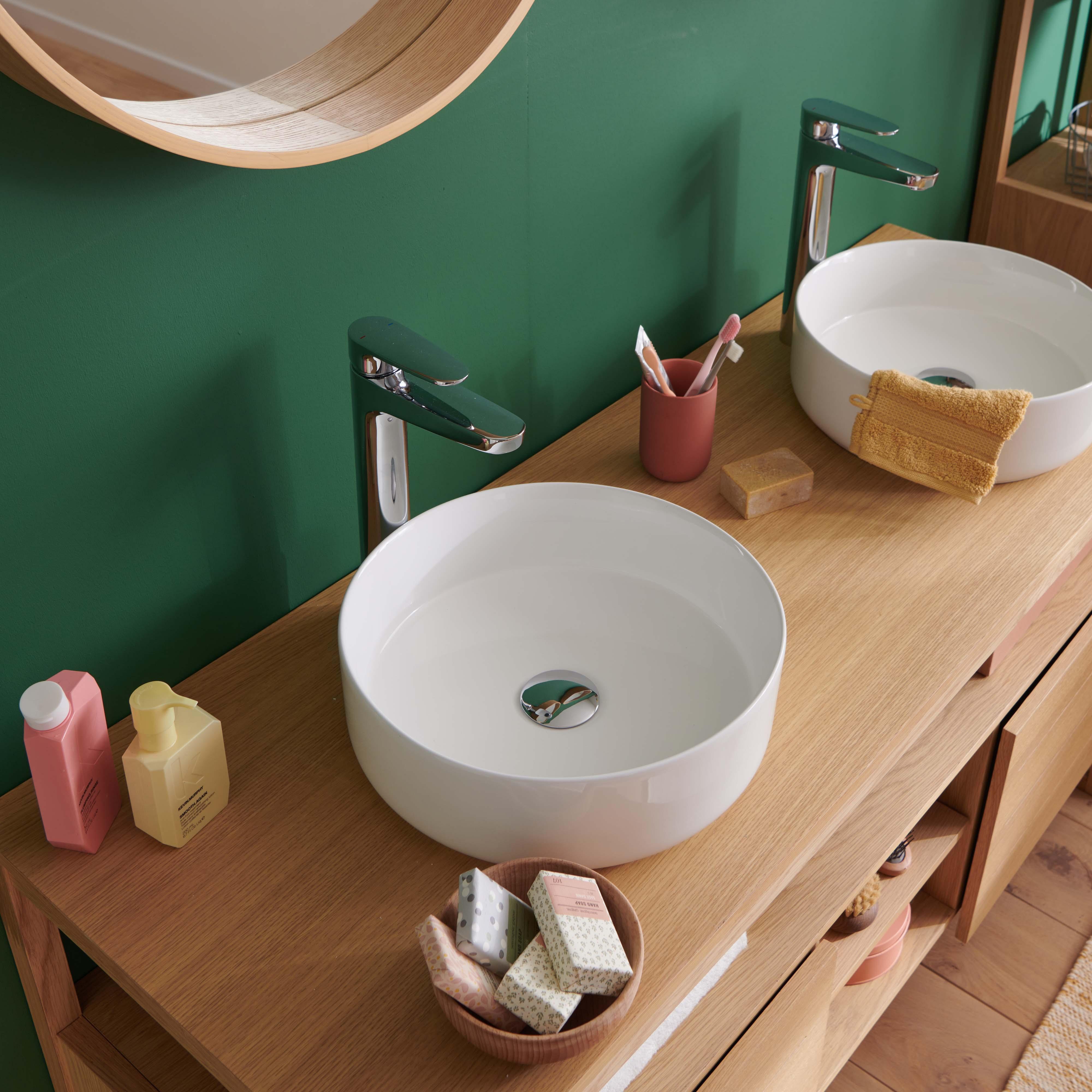 Ensemble meuble double vasque 140cm chêne naturel avec vasques rondes blanches