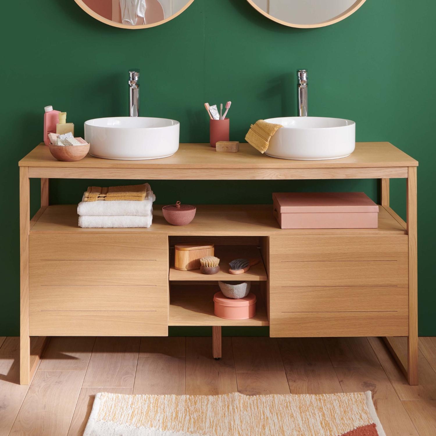 Ensemble meuble double vasque 140cm chêne naturel avec vasques rondes blanches et robinets