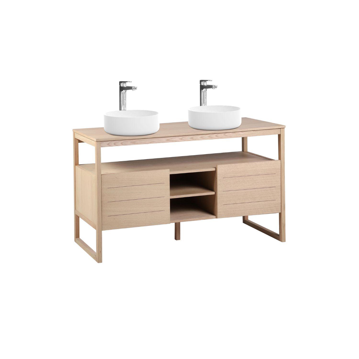 Ensemble meuble double vasque 140cm chêne naturel avec vasques rondes blanches et robinets