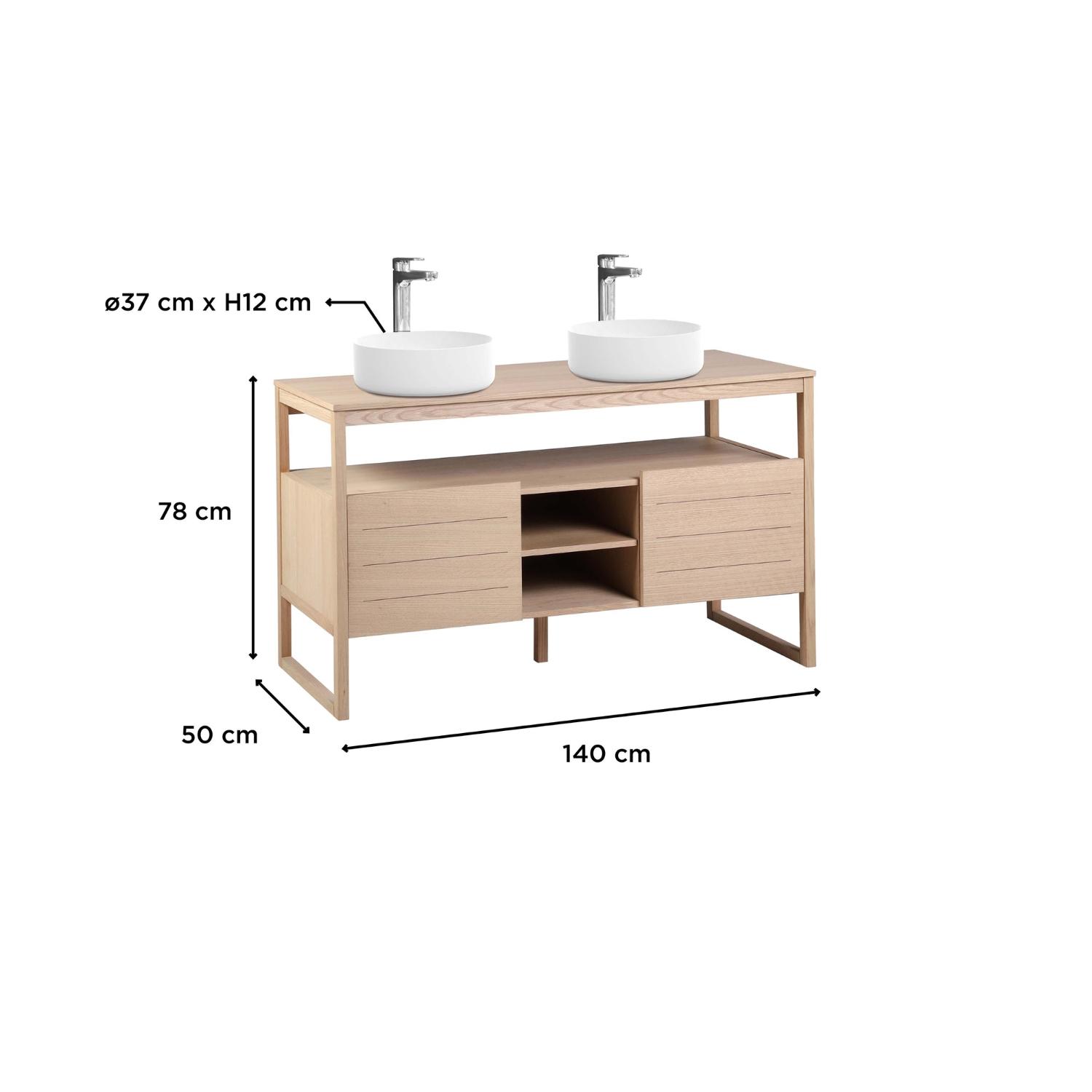 Ensemble meuble double vasque 140cm chêne naturel avec vasques carrées blanches