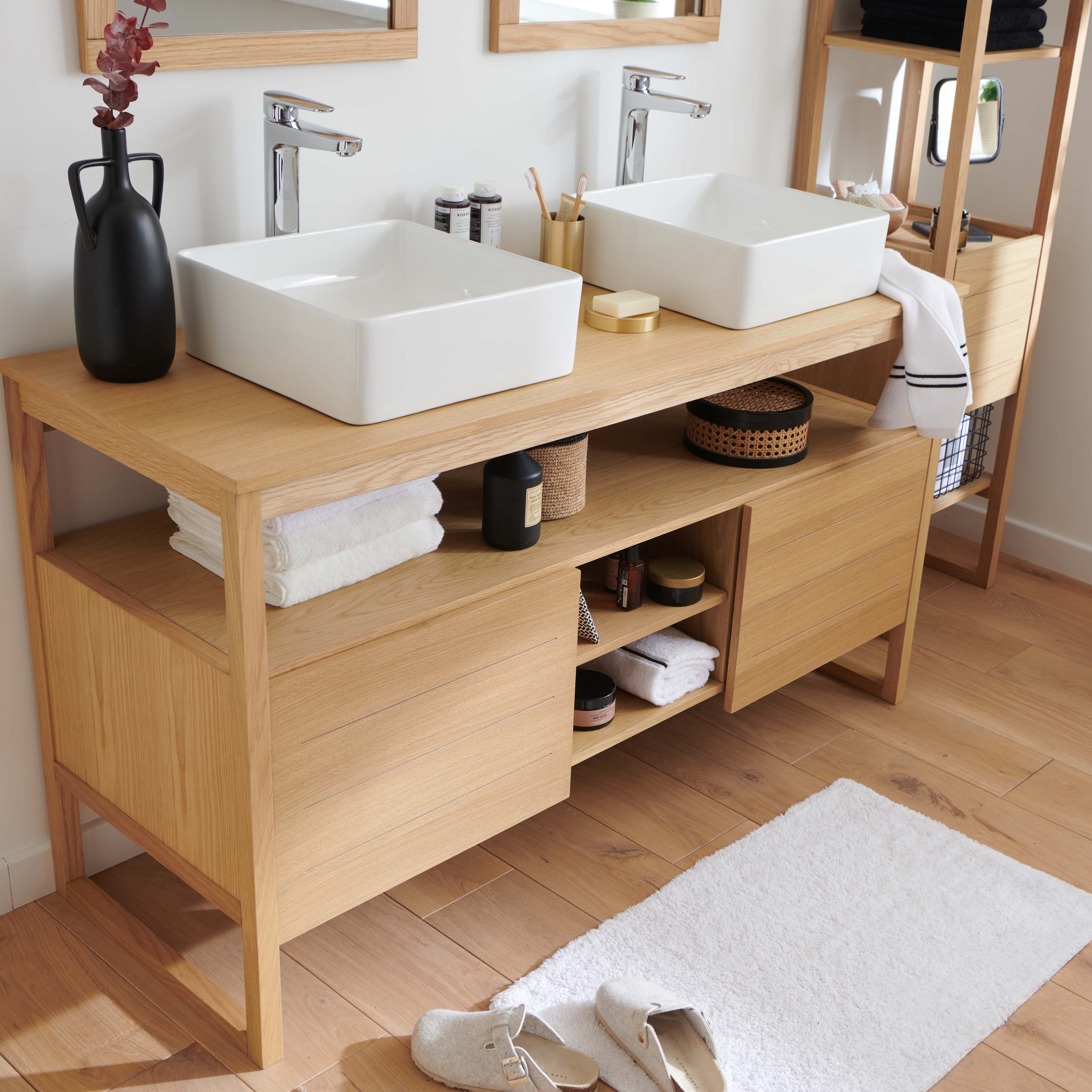 Ensemble meuble double vasque 140cm chêne naturel avec vasques carrées blanches