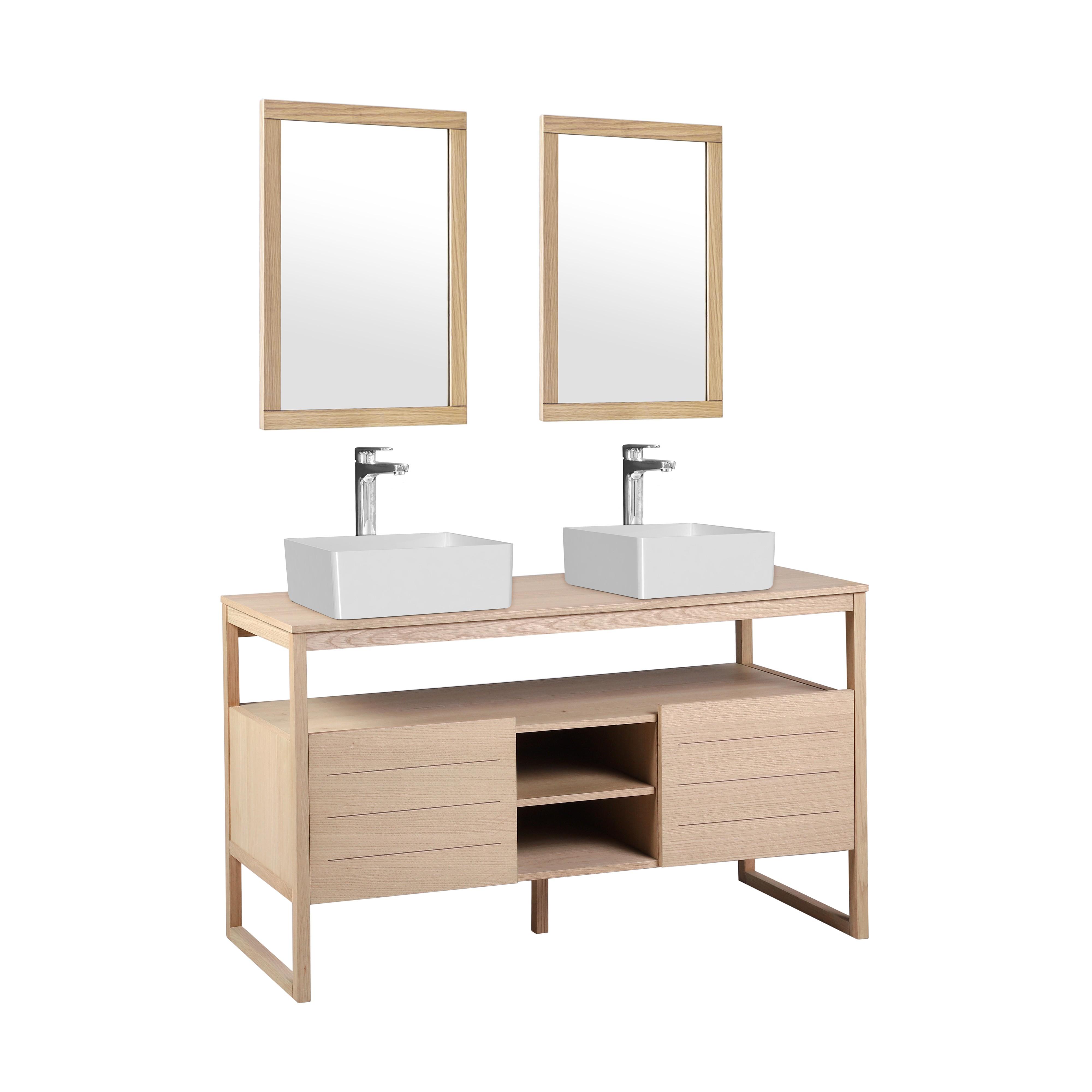 Ensemble double vasque 140cm chêne naturel avec vasques carrées blanches, robinets et miroir